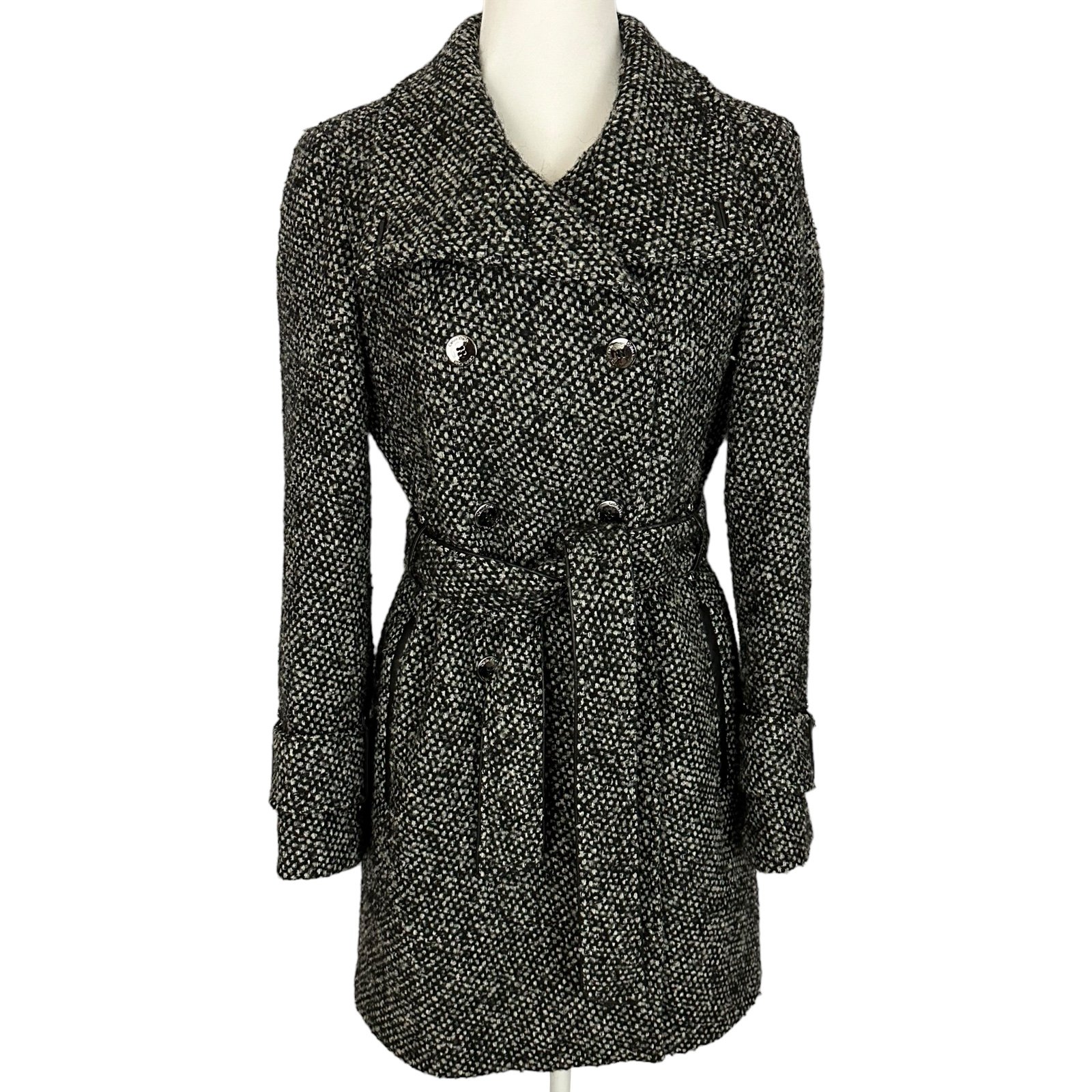 CALVIN KLEIN | Black Gray Tweed Double Breasted Belted Peacoat Wool Jacket Small