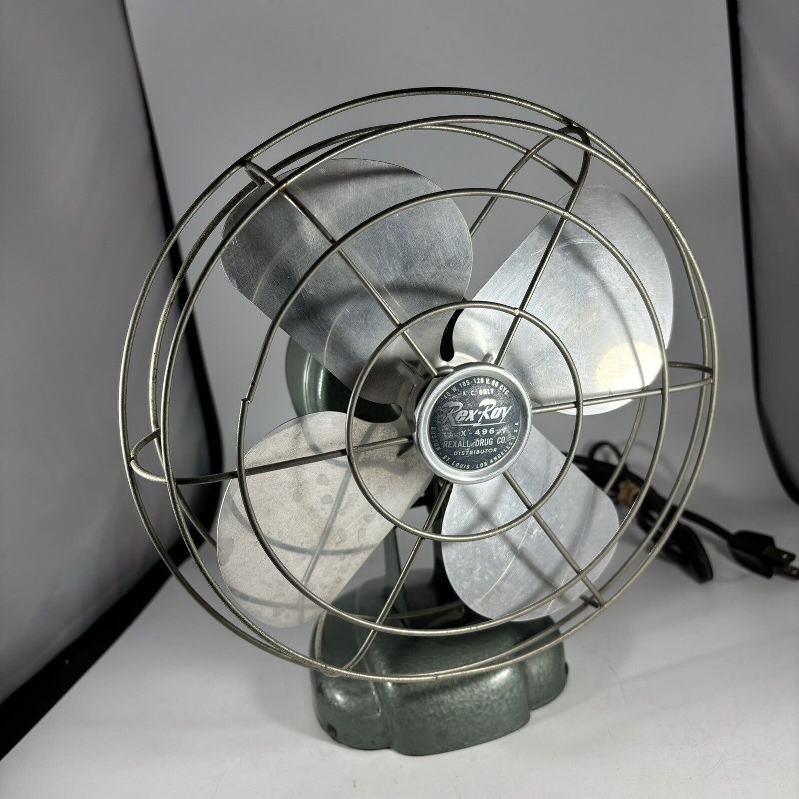 Rex-Ray X-496 Rexall Drug Co Antique Fan 9 Electric Fan Metal Tested Works VTG