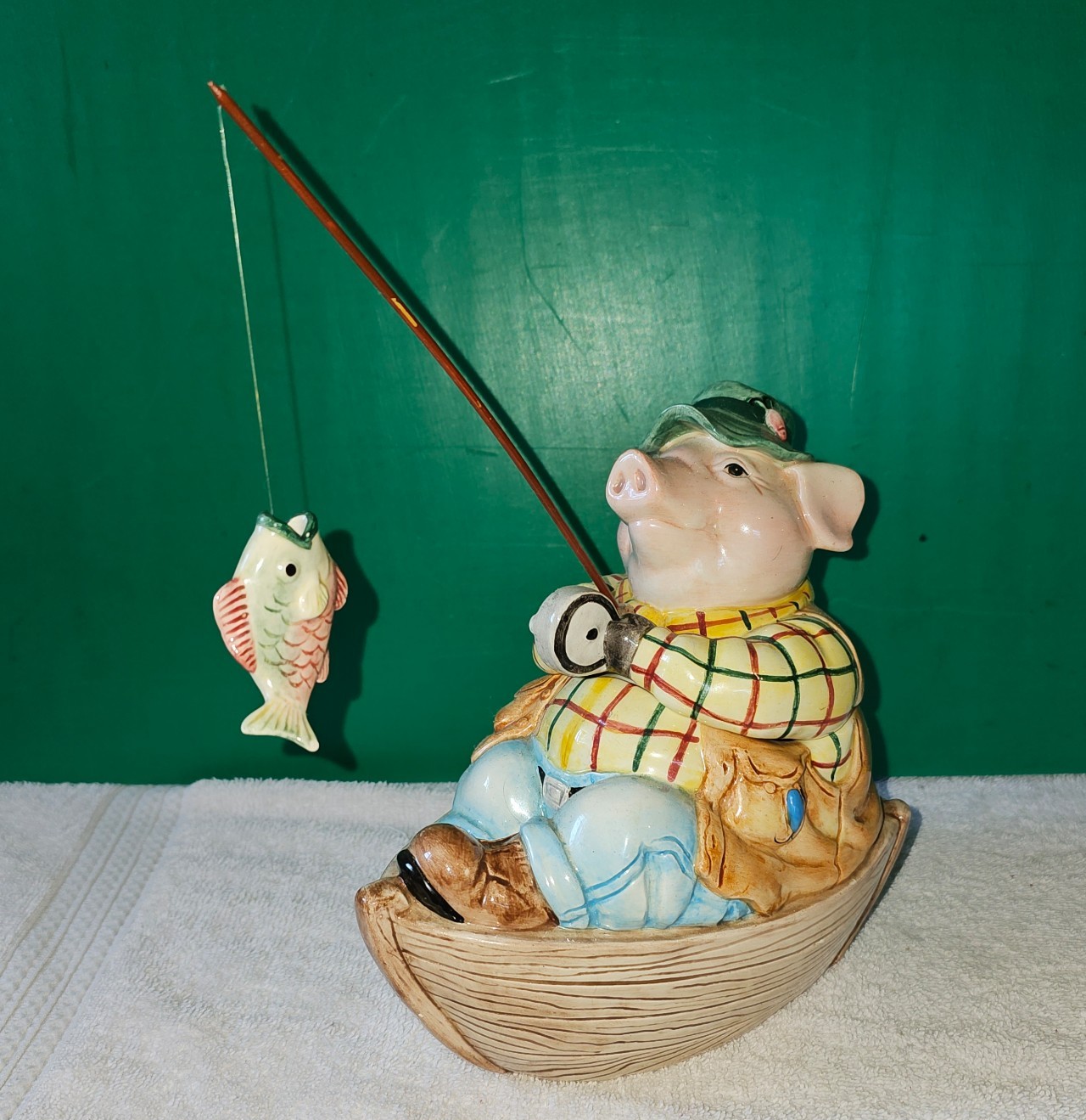 Fitz & Floyd Boat Fisherman Pig Cookie Candy Jar Figure