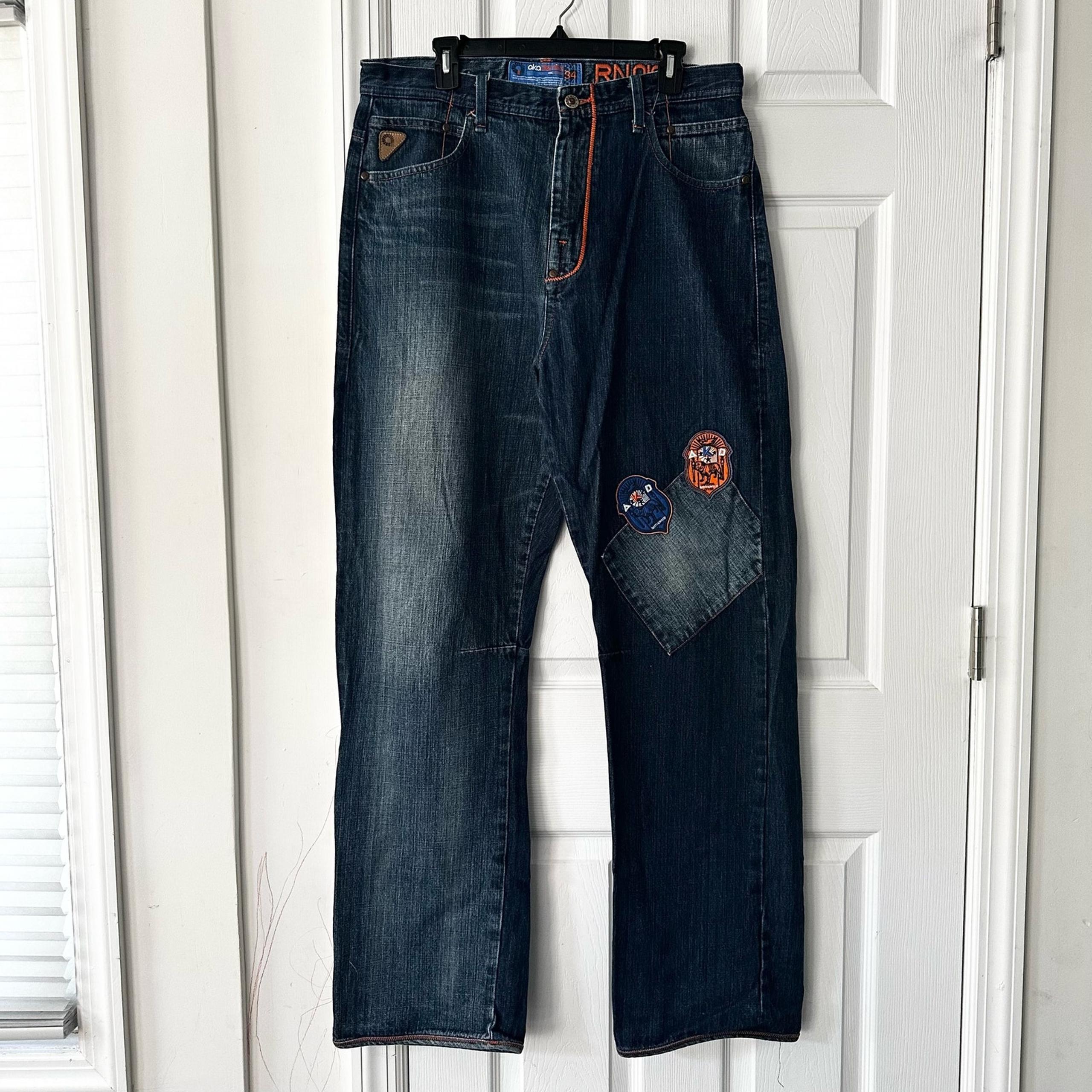 Akademiks Baggy Straight Y2K Dark Patches Crest Orange Stitch Denim Jean 34