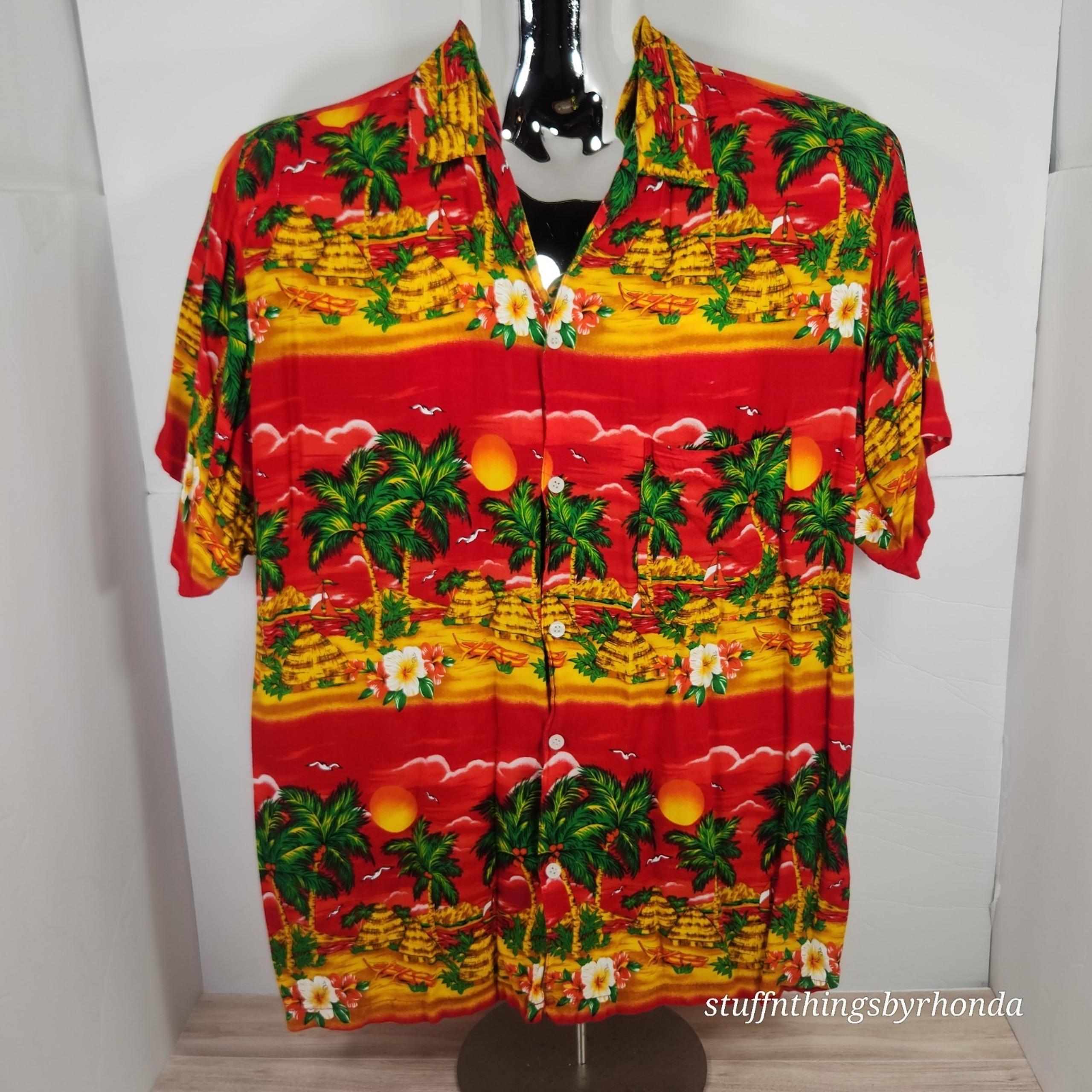 In Gear Hawaiian Shirt Mens Medium Chest 45in Rayon Red Sunset Islands Aloha