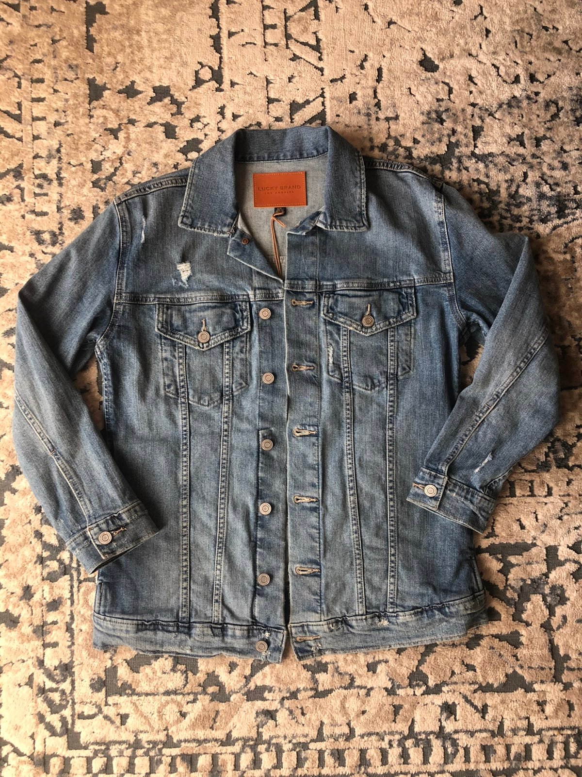 Lucky Brand Denim Jean Jacket Distressed w/ Holes Small Tomboy Trucker Style
