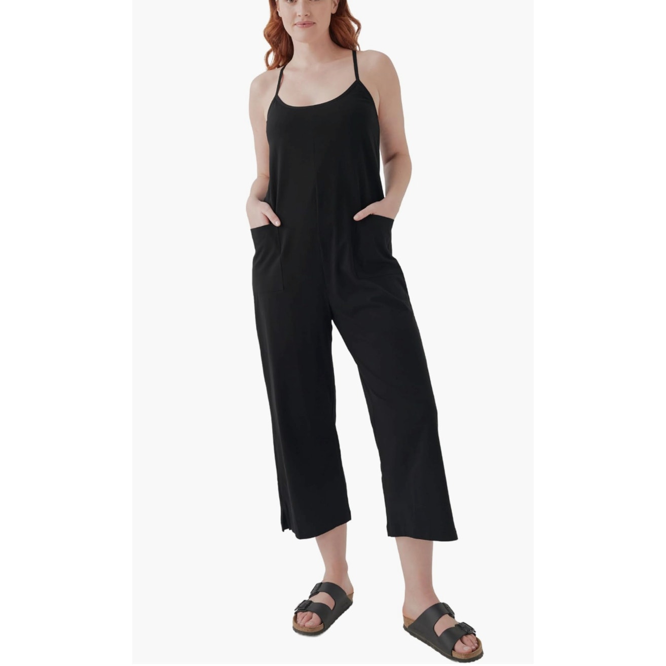 Pact Organic Cotton Lounge Jumpsuit, T Back, Built In Shelf Bra, Black, Size XL