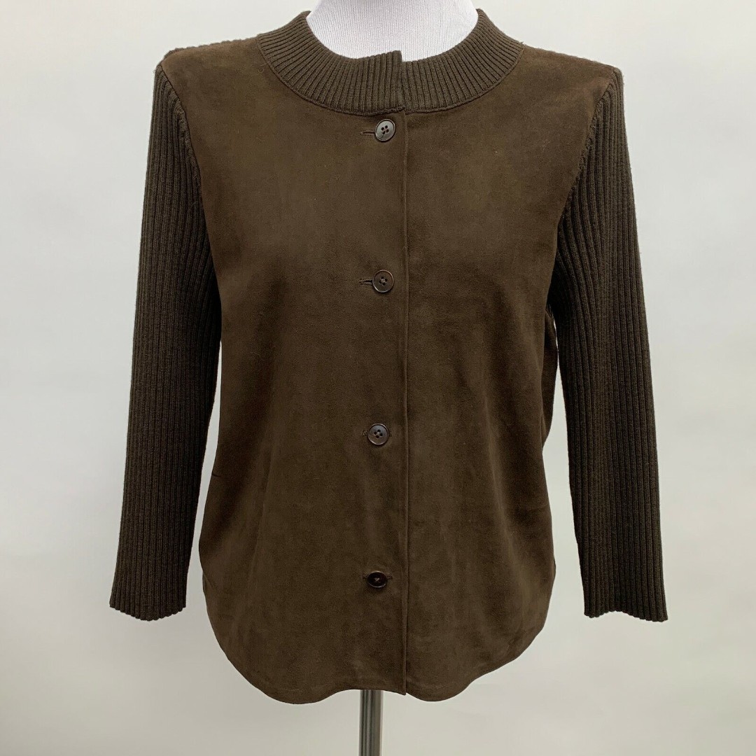Talbots Women's Cardigan Sweater Medium Brown Leather Suede Wool Blend