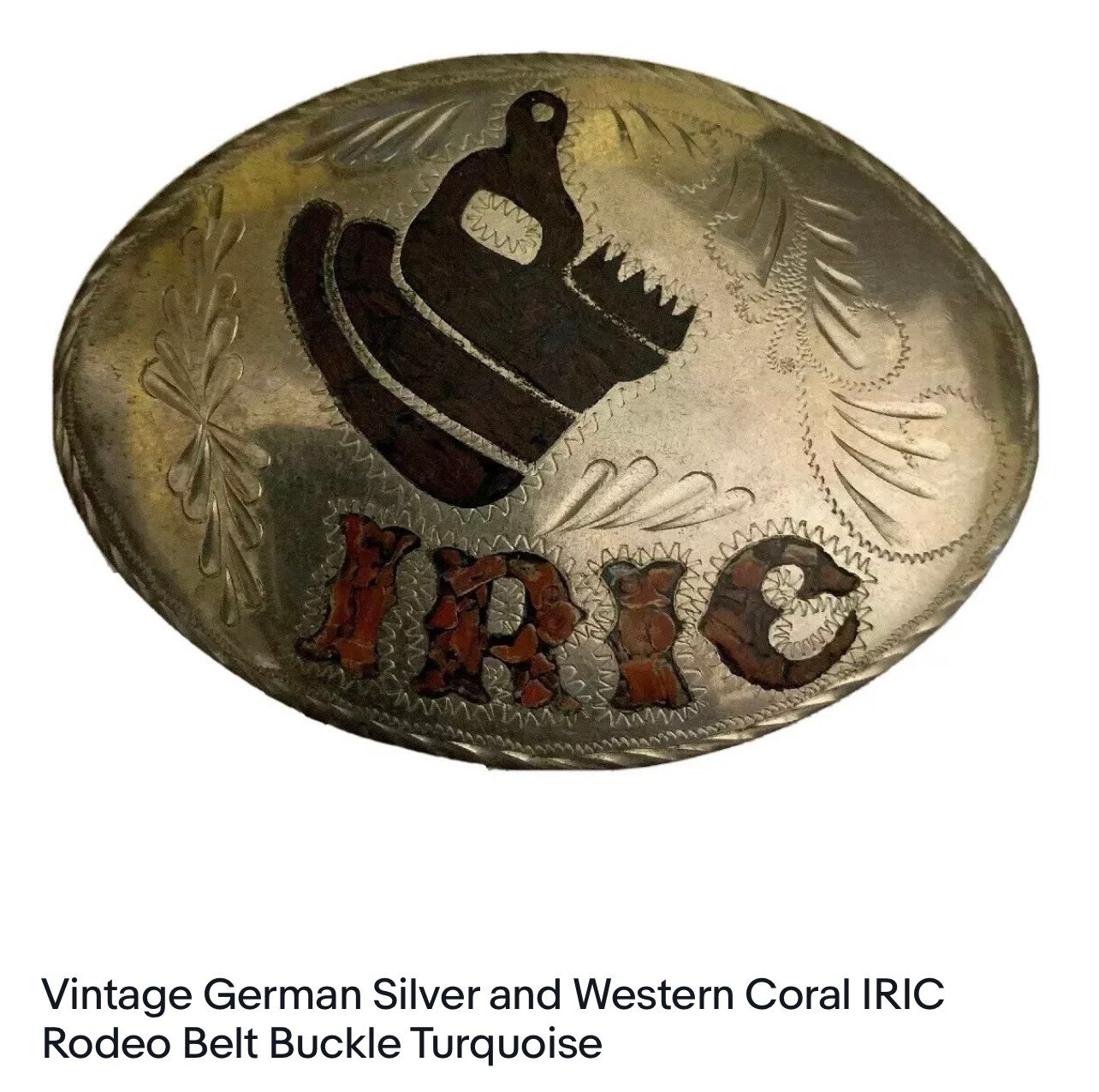 Vintage German Silver and Western Coral IRIC Rodeo Belt Buckle Turquoise
