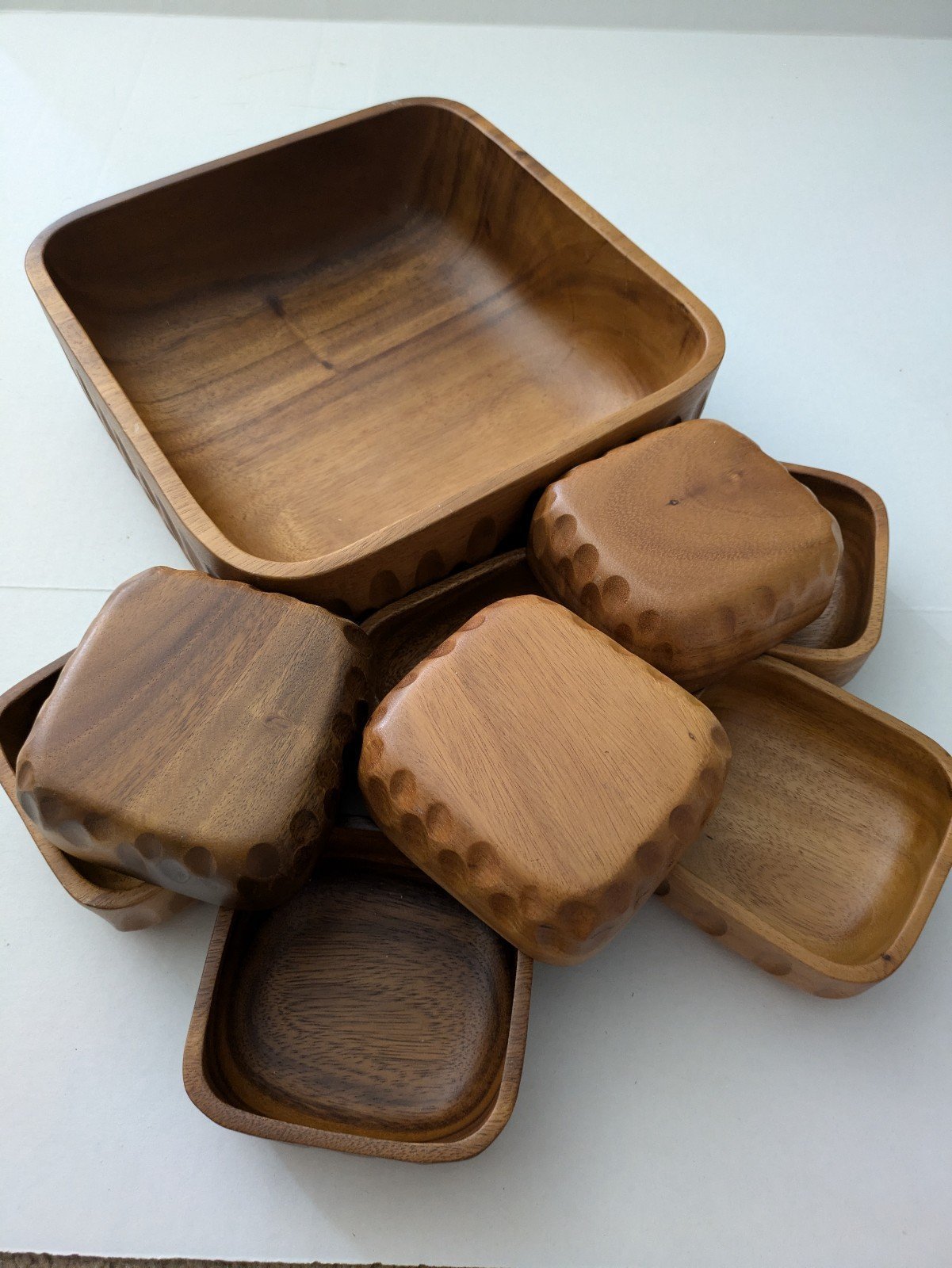 Vintage 9 piece Monkey Pod Wooden Salad Bowls Serving Bowls Dishes