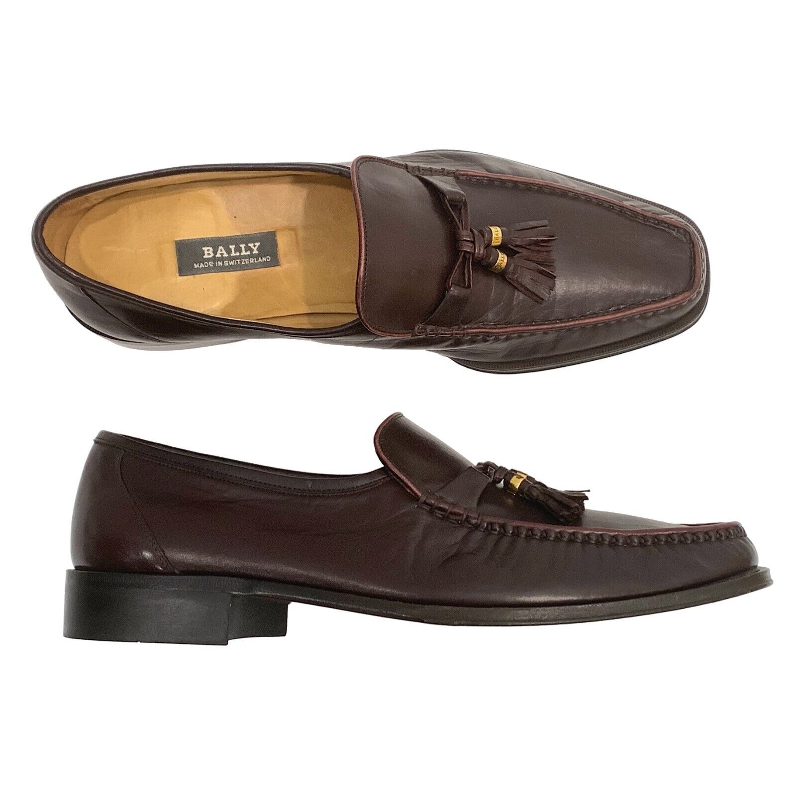 Y2K 90s Bally Burgundy Leather Kiltie Tassel Loafers w Gold | Men 10D