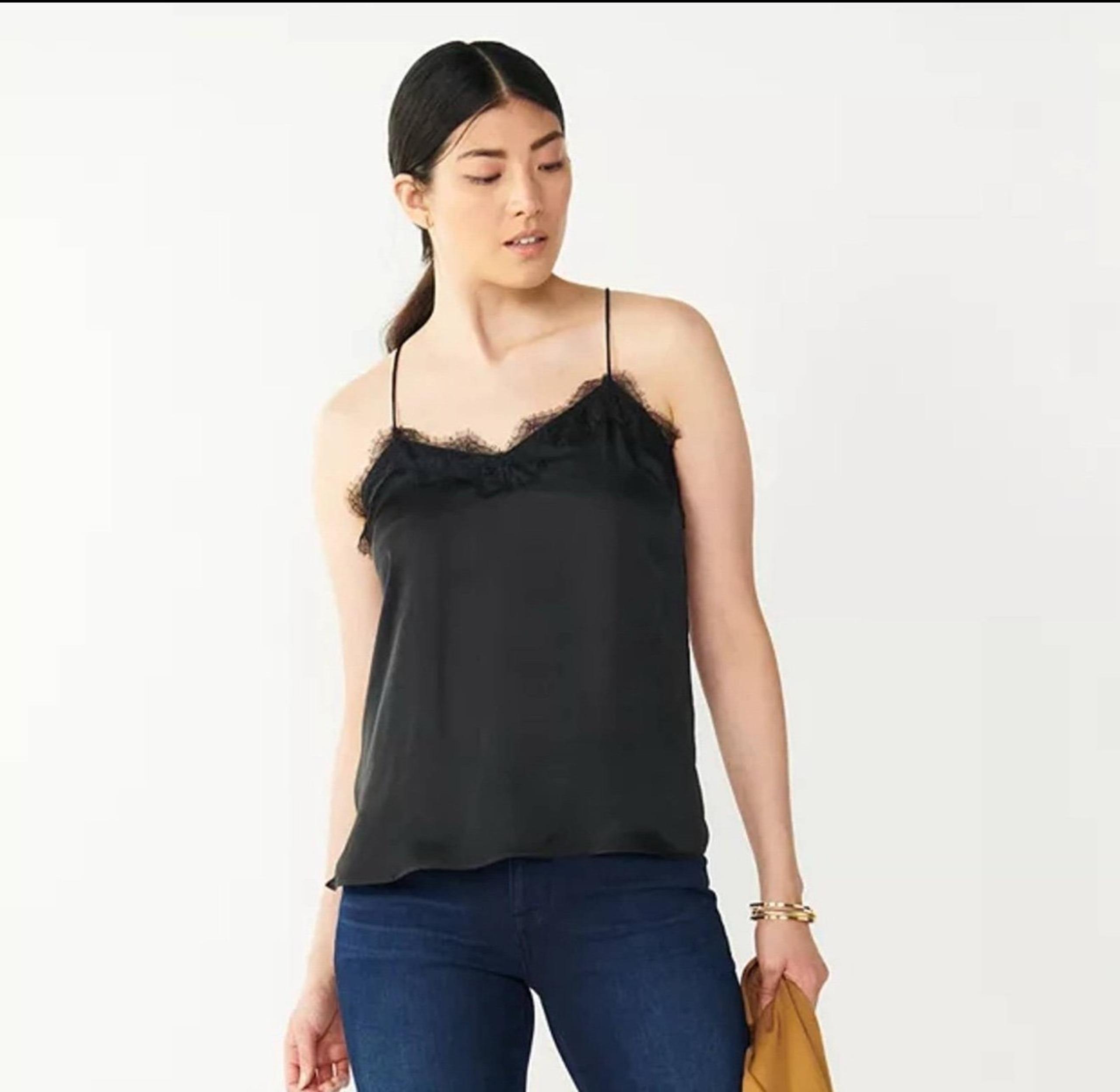Nine West Satin Cami with Lace Trim, black, size large black silky tank top