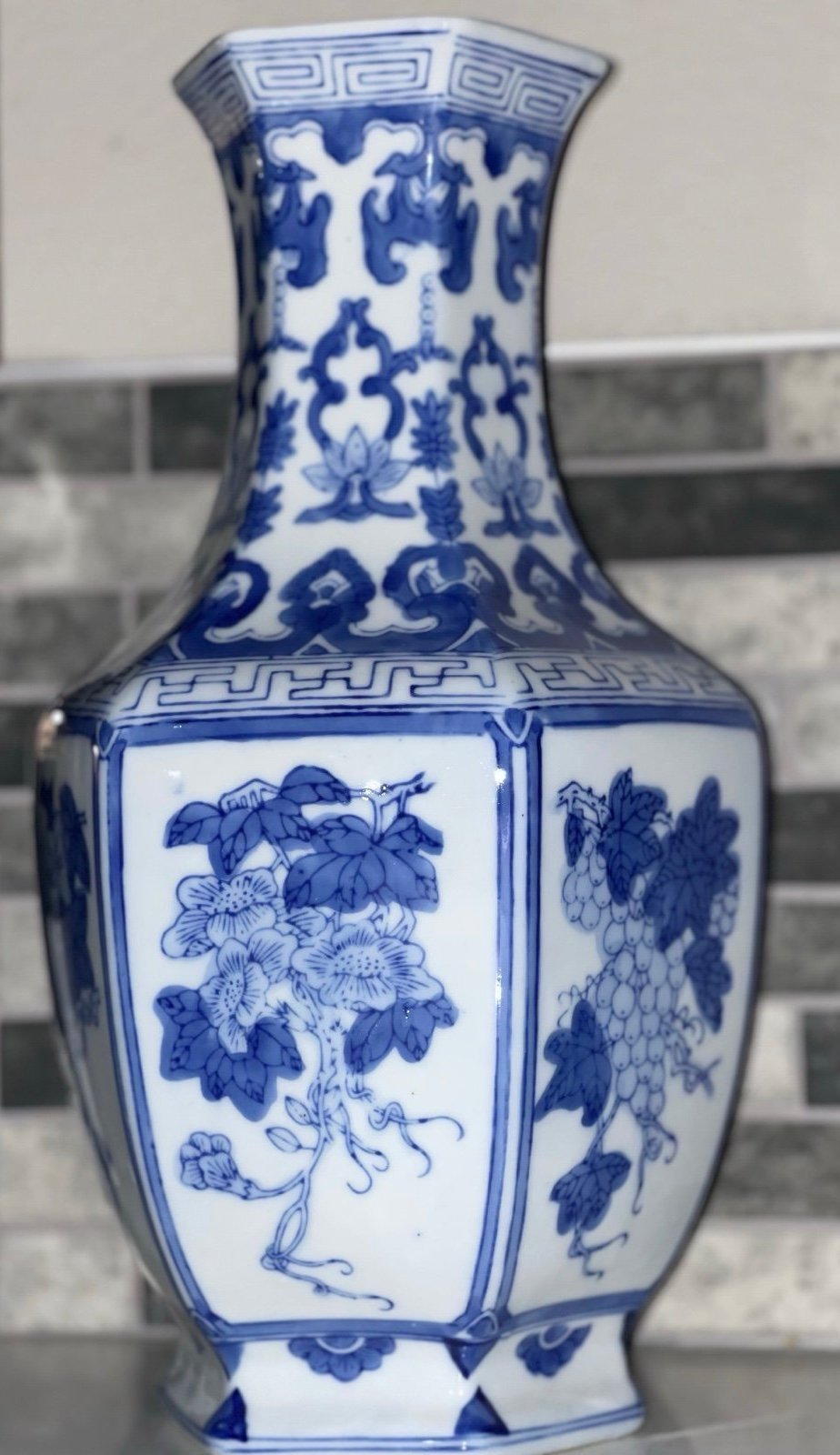 Vintage Chinese Tall Hexagonal Vase Blue & White