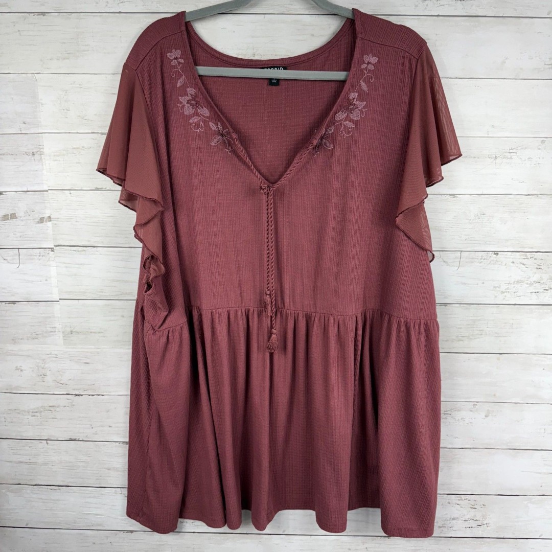 Torrid Dusty Red Embroidered Babydoll Blouse