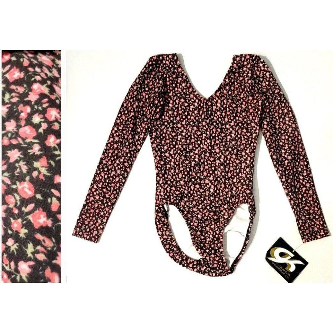GK Elite VTG 90s Long Sleeve Cotton Vneck Leotard Bodysuit Floral Adult S (AS)
