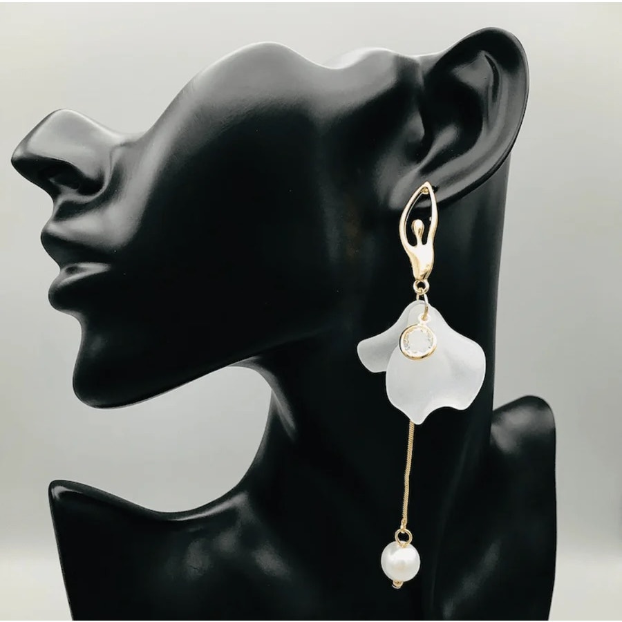 Ballerina Gold White Dress Dangling Earrings NWOT