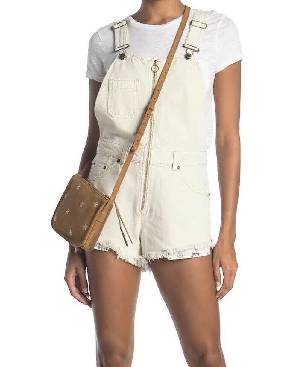 NWT Free People Off White Size 8 Sunkissed Shortall Overalls Shorts Full Zip