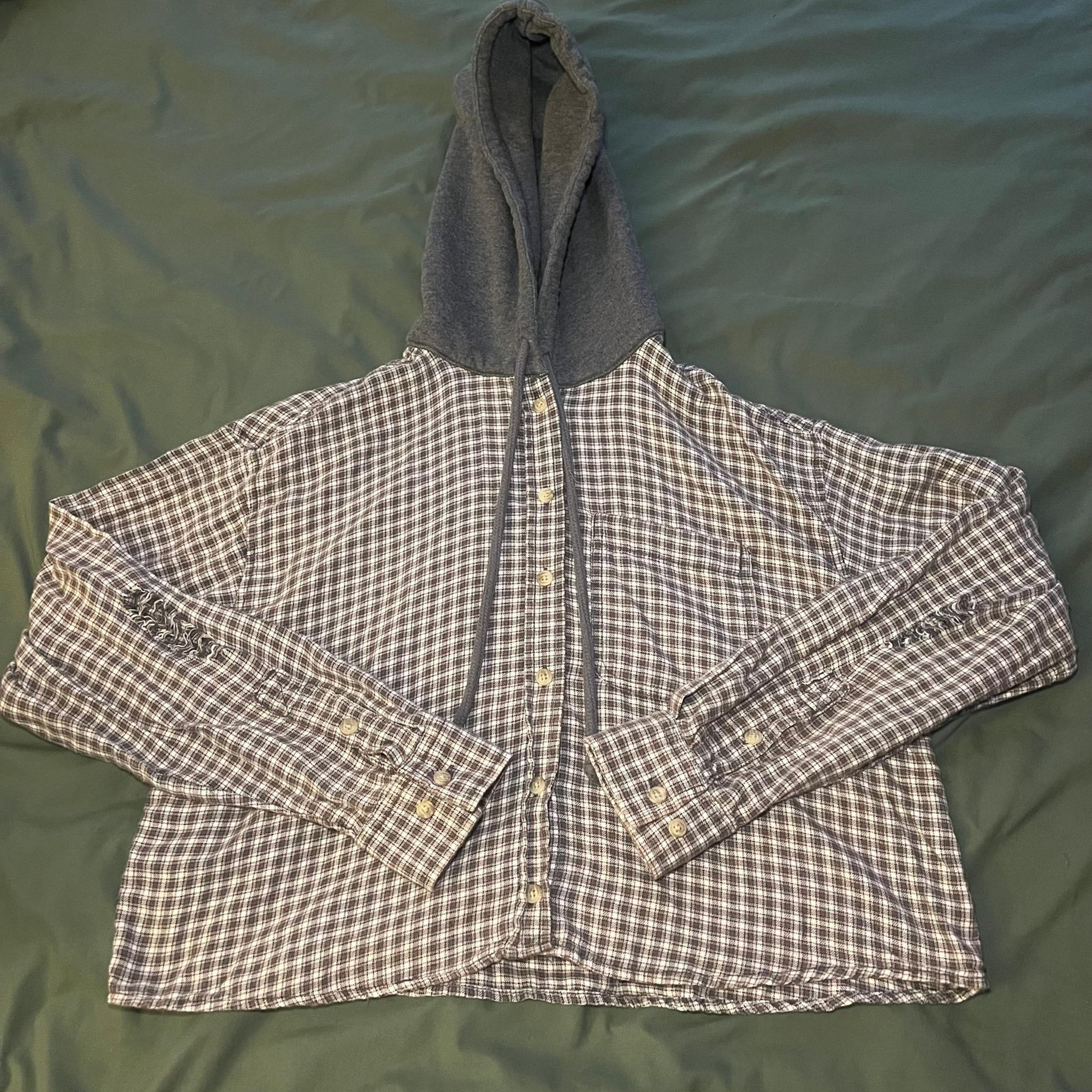 American Eagle Hoodie Womens Small Distressed Cropped Flannel Sweatshirt Grunge