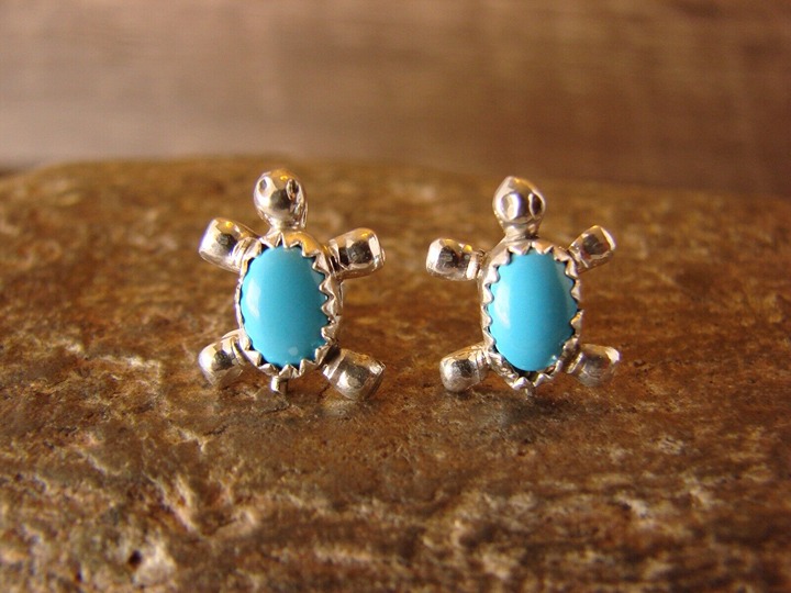 Zuni Indian Sterling Silver Turquoise Turtle Post Earrings