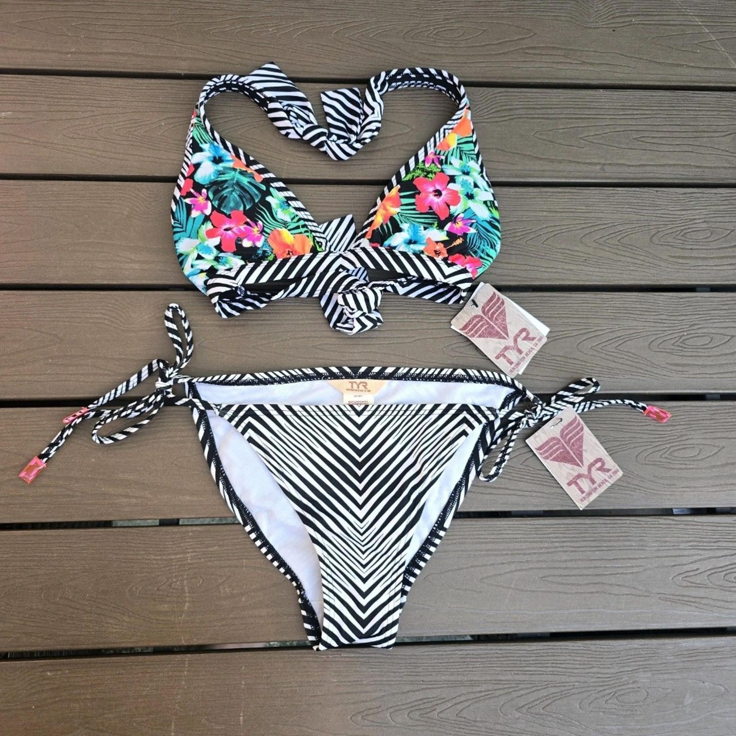 TYR Women's Floral Top & Zig Zag String Tie Bikini Bottom Size S New