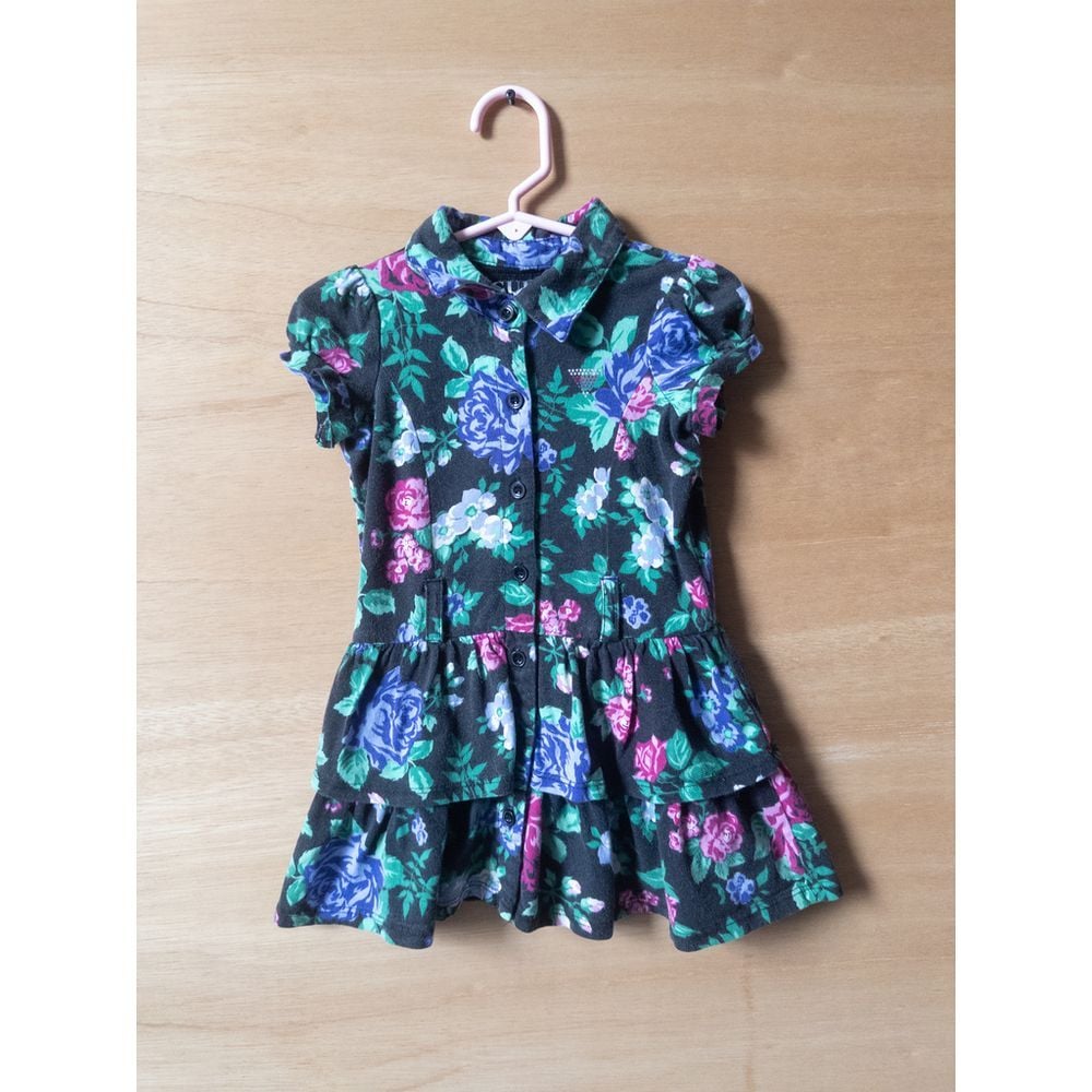 GUESS Girls Floral Button Down Ruffle Dress Black Blue Pink Roses Party Dress 3T