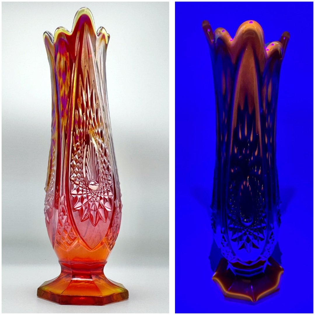 Vtg 10 Indiana Heirloom Amberina Glow Glass Swung Vase Iridescent 8 Finger