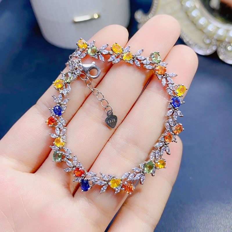 New Natural Multi Color Sapphire Bracelet 925 Sterling Silver 7'