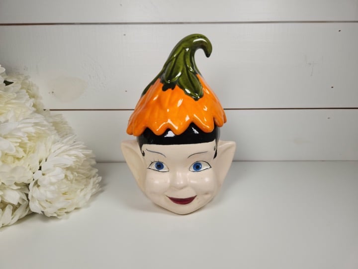 Vintage 1960s Pixie Elf Head Ceramic Cookie Jar w/ Orange Leaf Hat- MCM, Retro