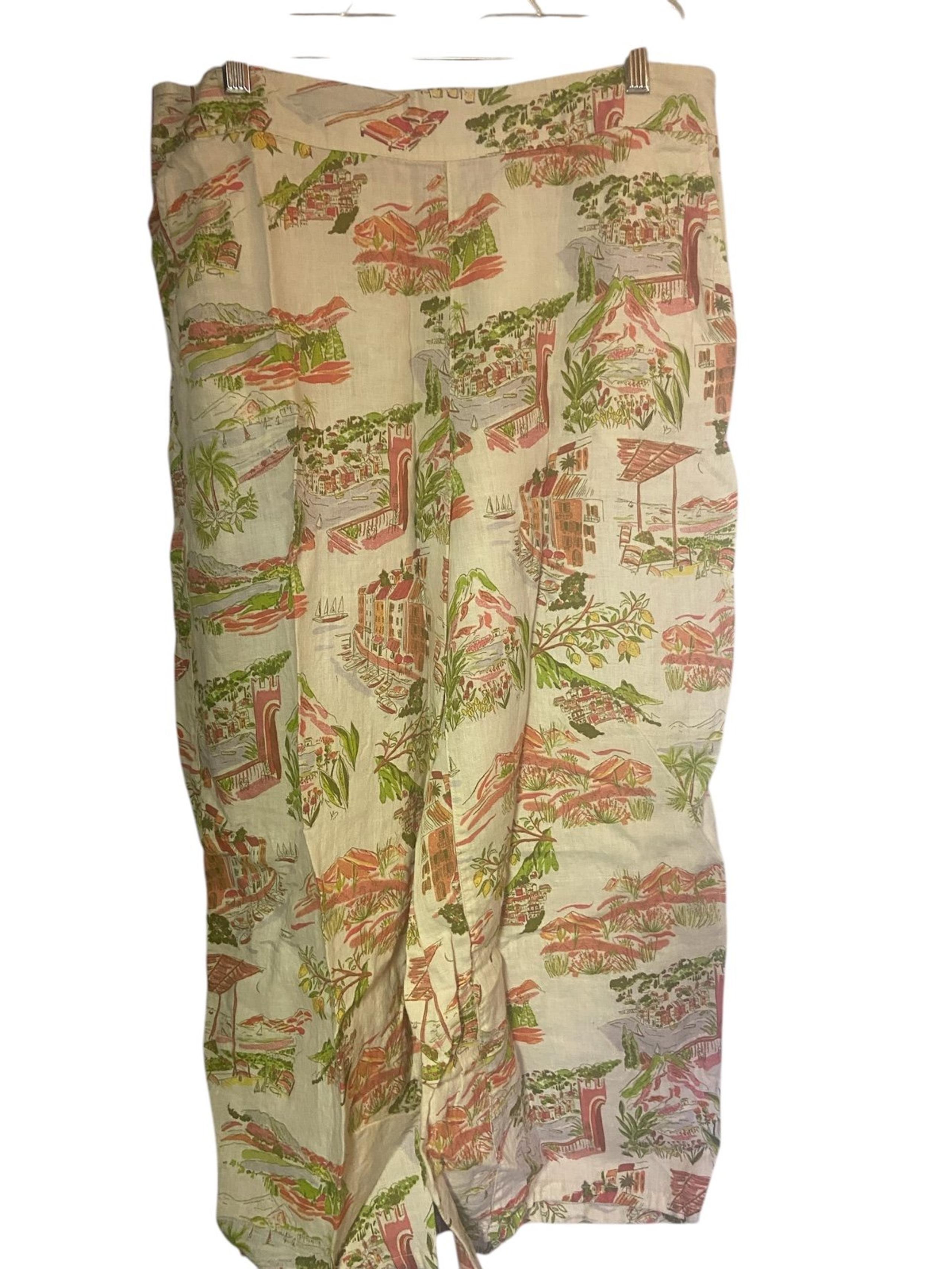 Cynthia rowley retro style print pull on linen Capri pants xl extra large