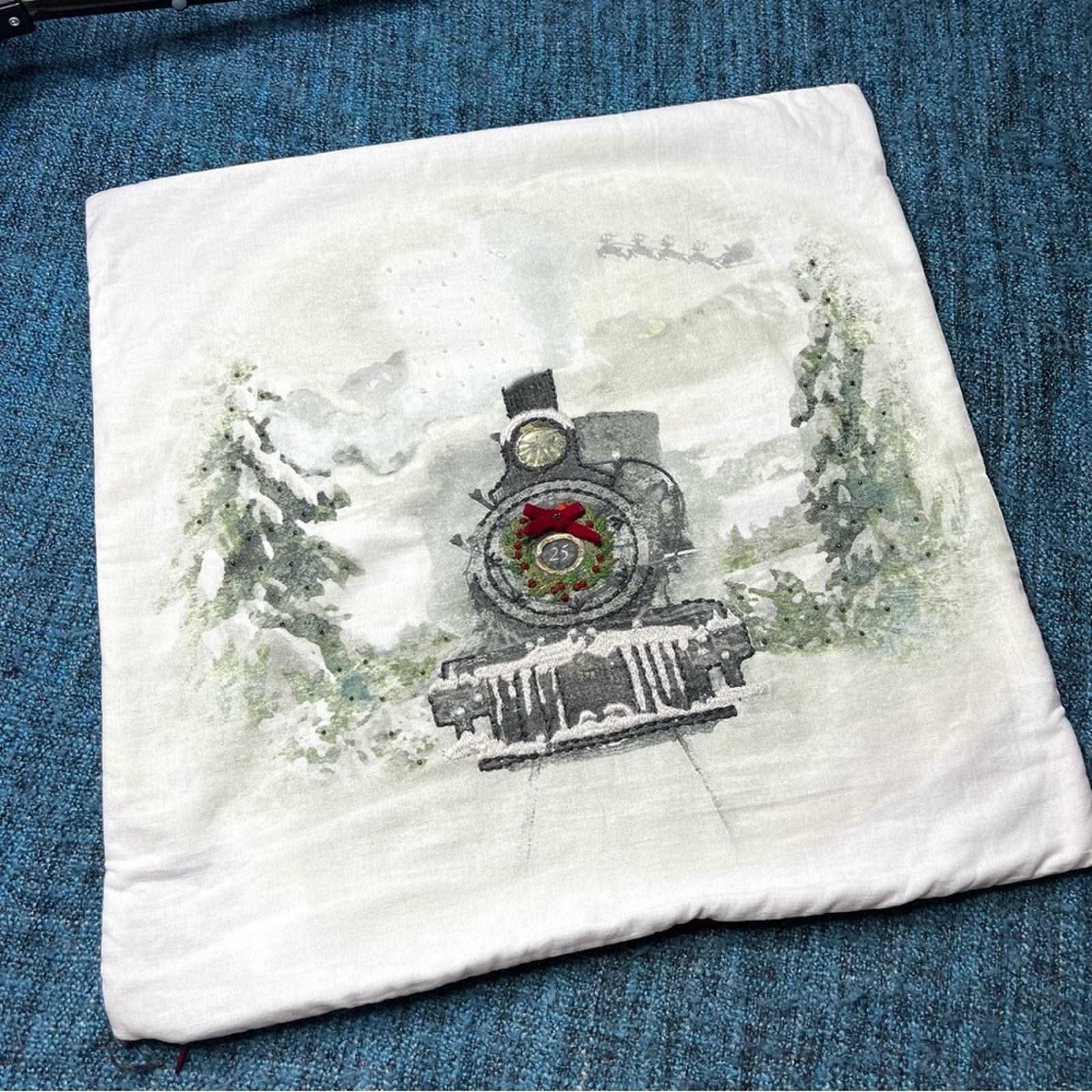 Pottery Barn Christmas Train Embroidered Beaded Velvet Pillow Cover 20x20