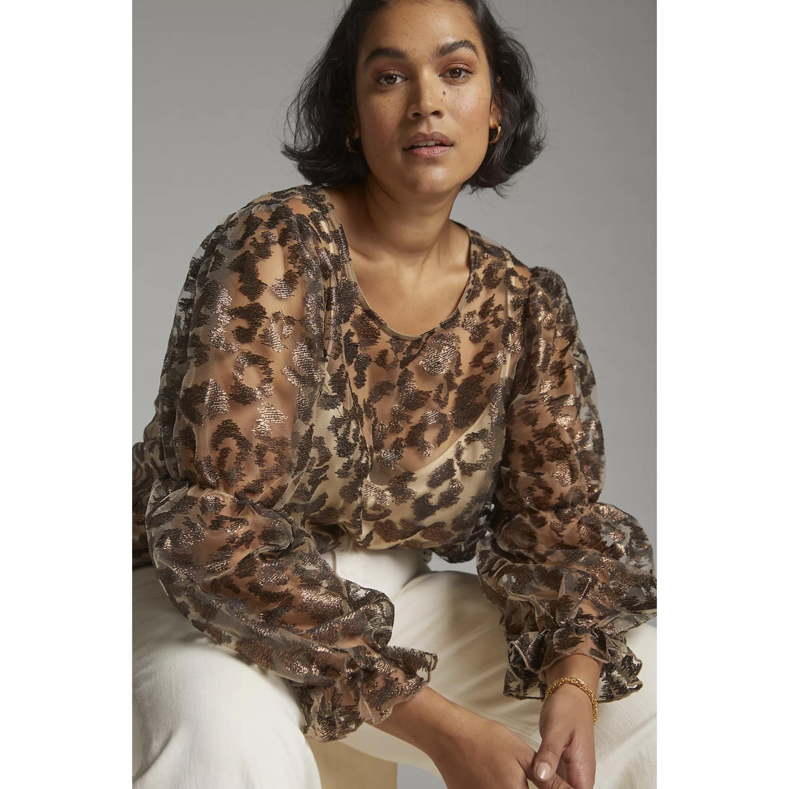 Anthropologie Eva Franco Leopard Sheer Blouse  - New - 3X