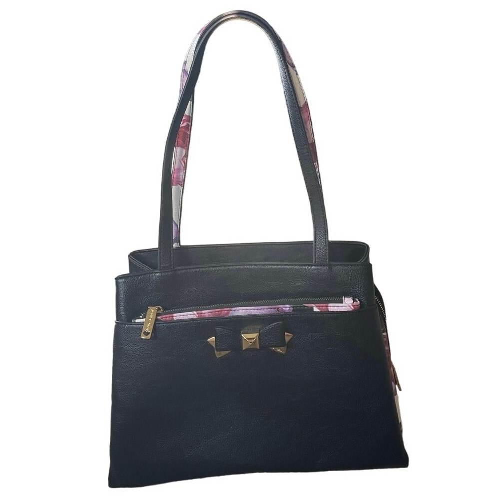 Betsey Johnson black shoulder bag purse with pouch bow floral print gold zipper