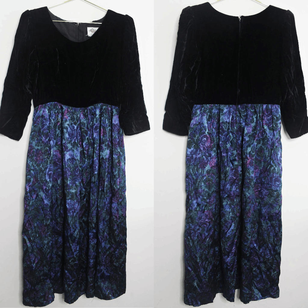 VTG 80s Black Velvet and Blue Purple Floral Satin Maxi Dress - Small