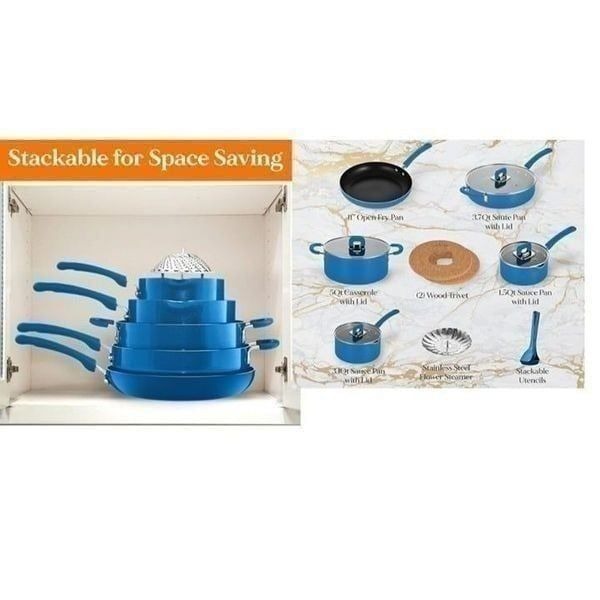 168.00 NutriChief Kitchenware 17-pc Non-Stick Space Saving Cookware Set, Blue