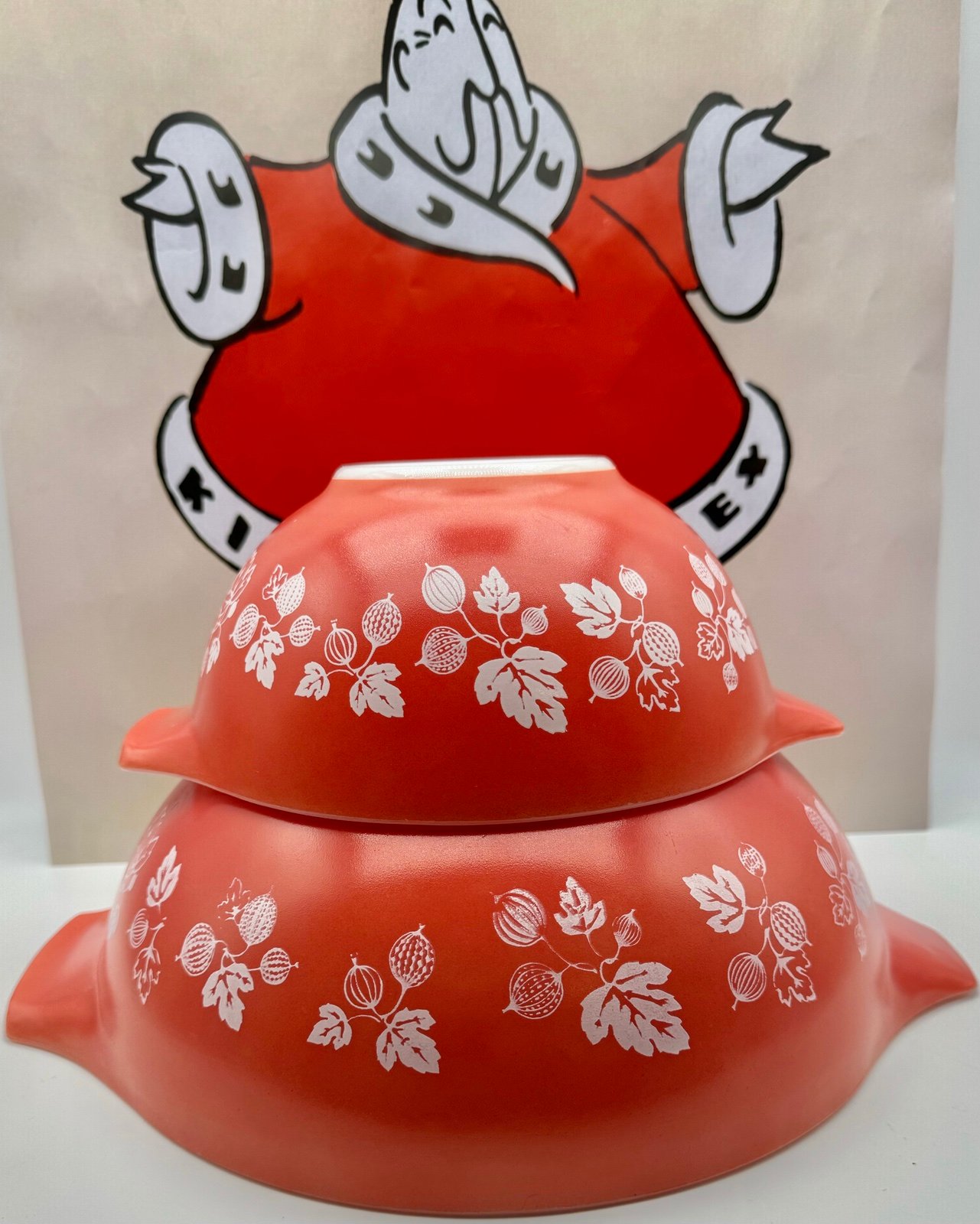 Vintage JAJ Pyrex Red Coral Gooseberry HTF 442 & 444 Mixing Bowls