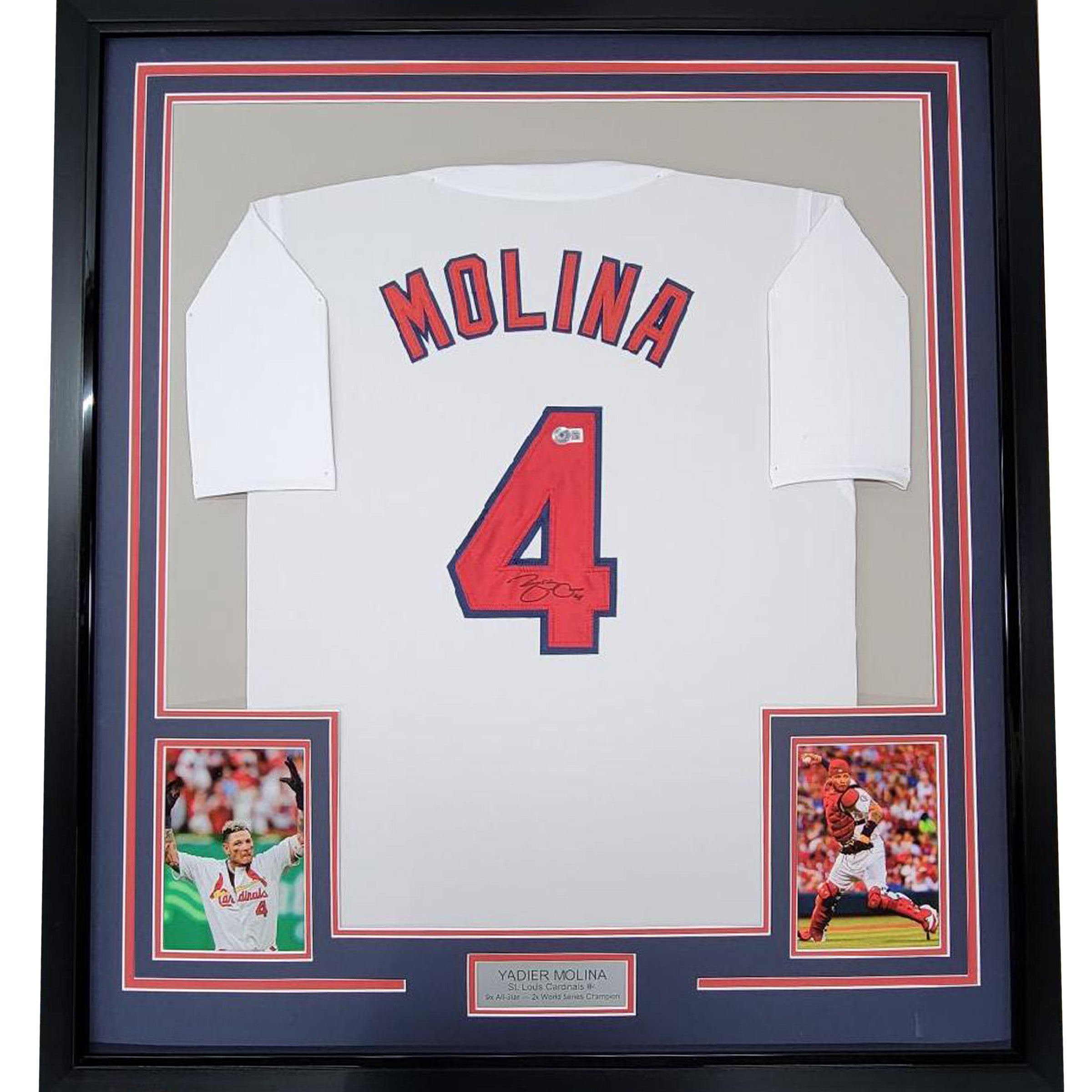 Framed Autographed/Signed Yadier Molina 35x39 St. Louis White Jersey Beckett BA