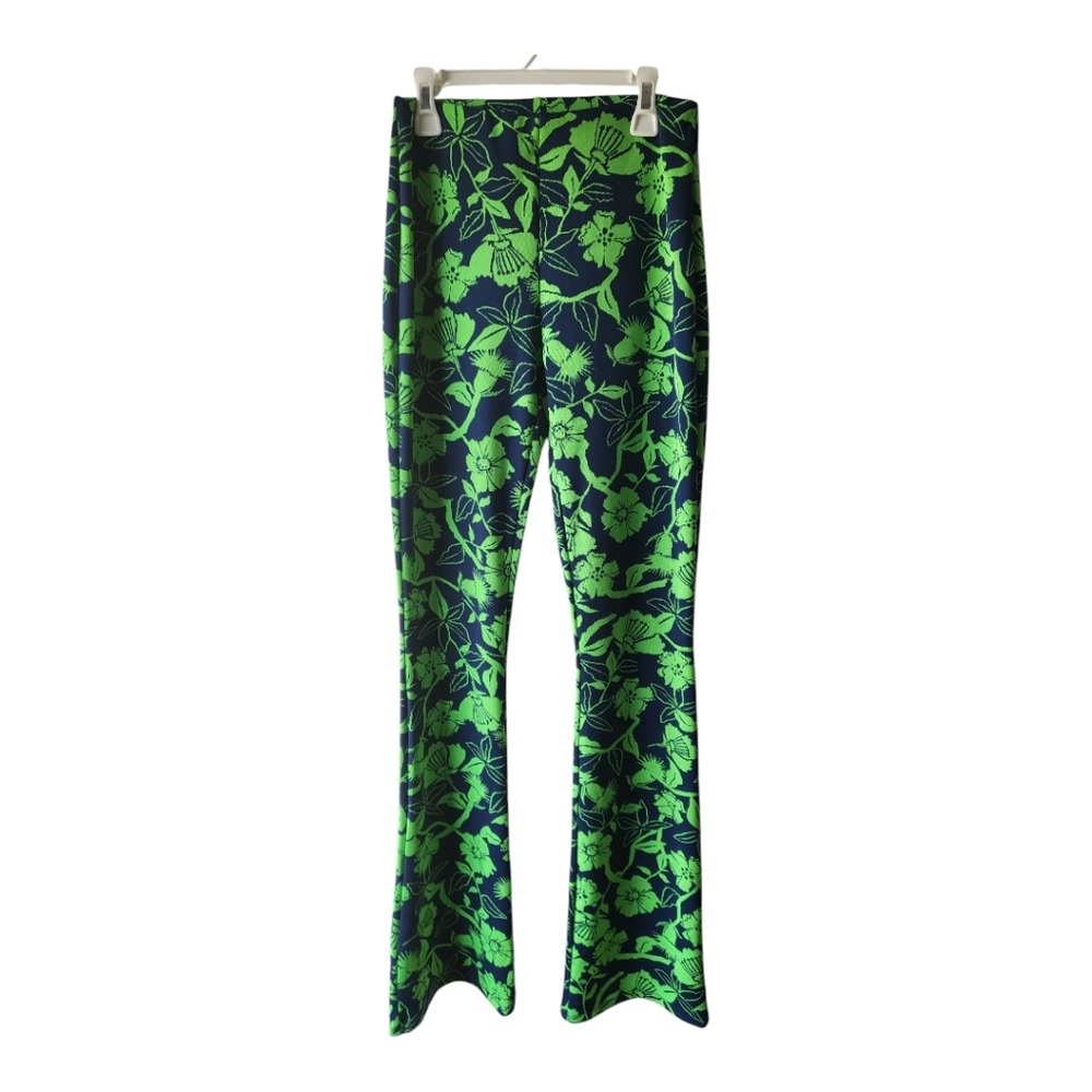 Zara Jacquard Floral Print High Waisted Flare Pants - Green Blue Size S