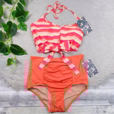 KORTNI JEANE Tied-Up Top & Ribbed Ruched Bottoms Swimsuit Bikini Set Small NEW