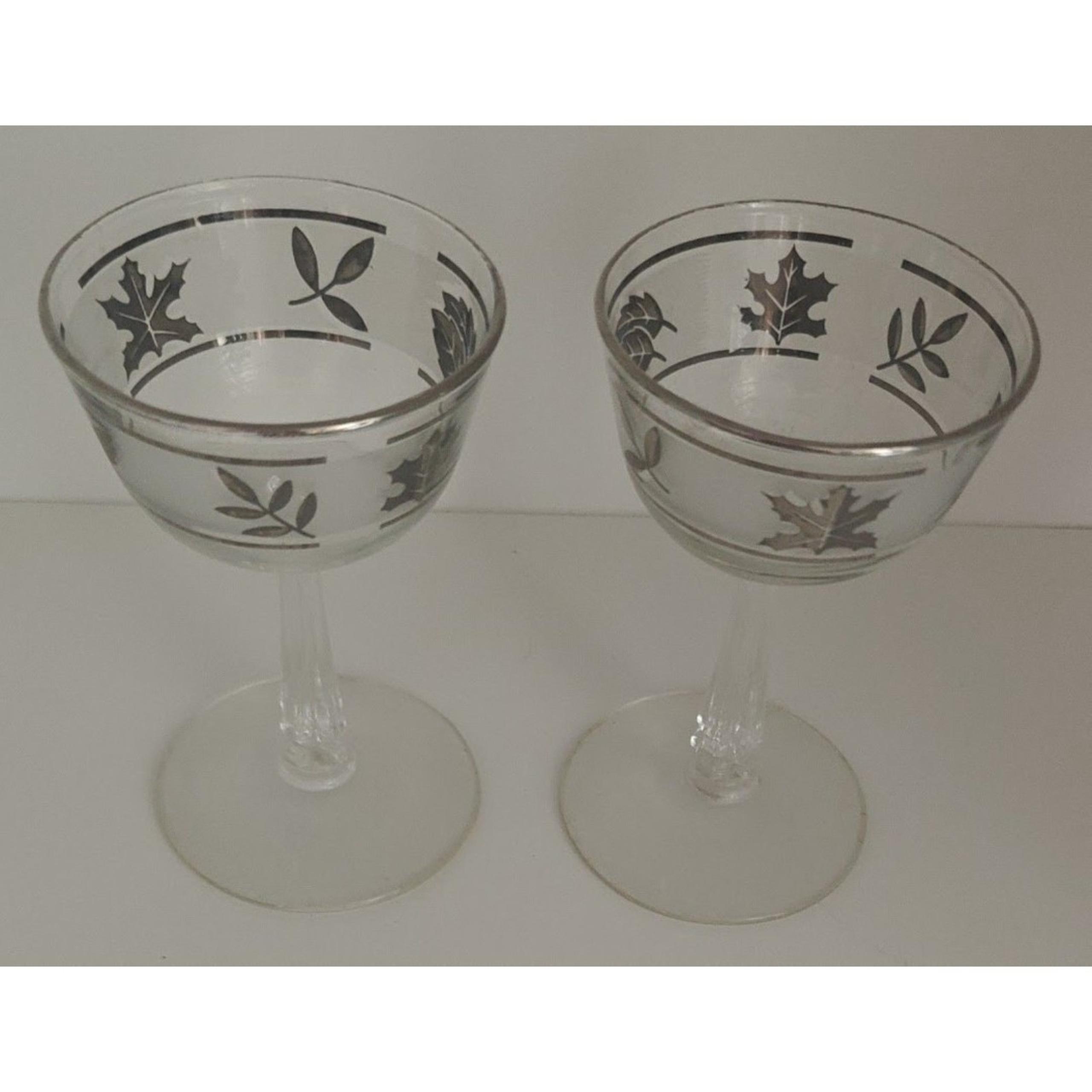 Set Of 2 - Vintage Silver Leaf Frosted Cordial/Sherry Glasses 5” H