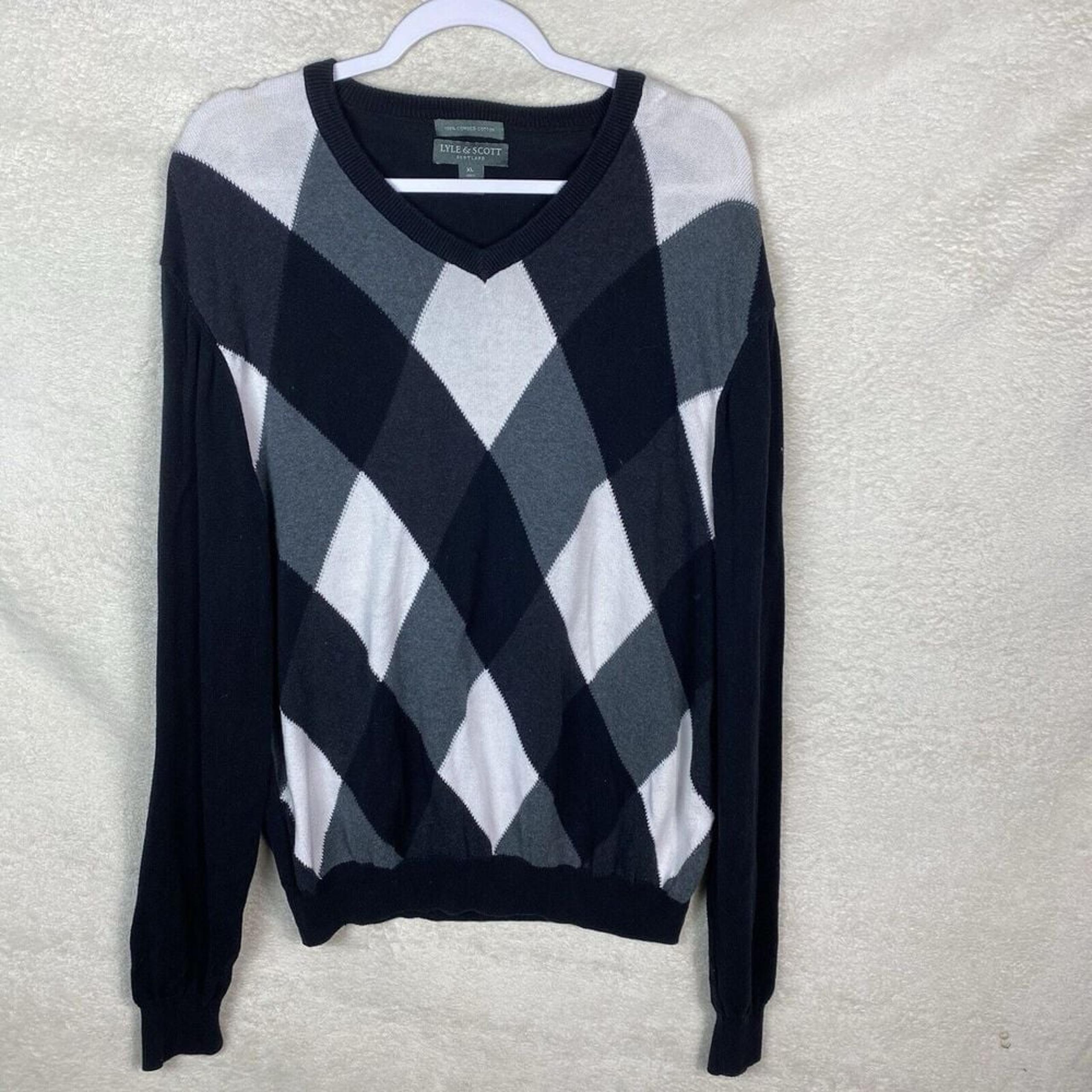 Scottish Combed Cotton Argyle Sweater Men Size XL Black/Grey/White - Lyle & Scott
