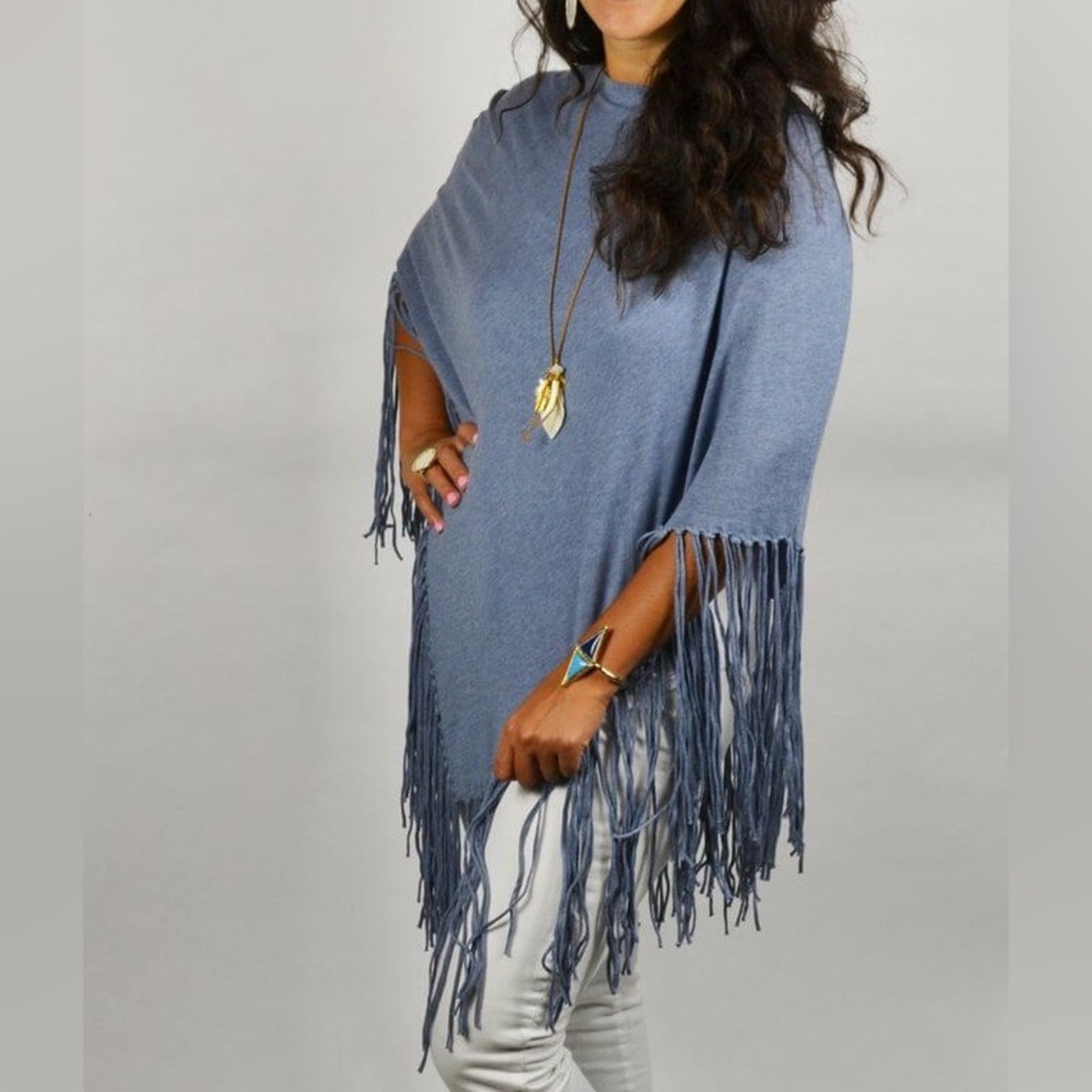 Minnie Rose Fringed Cotton Hankie Poncho in Chocolate Brown - One Size