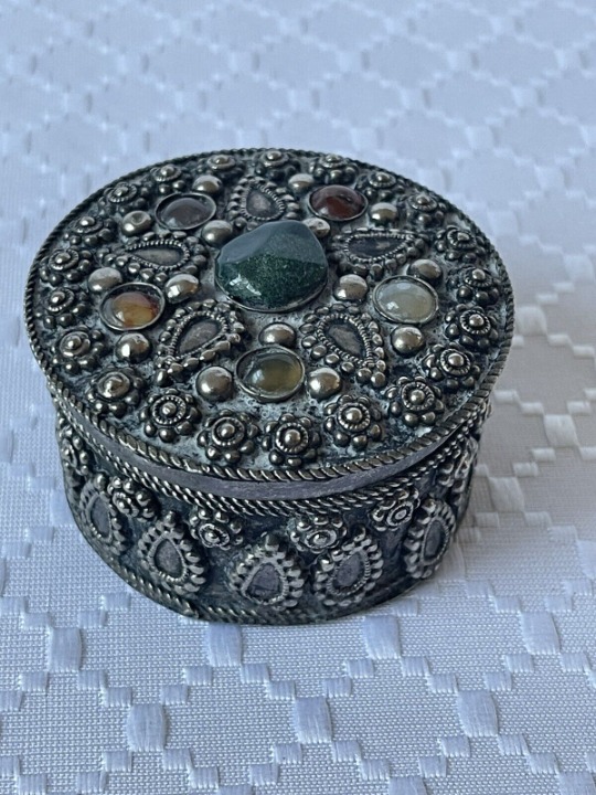 VINTAGE Round Jewelry Box with natural stones, ethnic decorative box