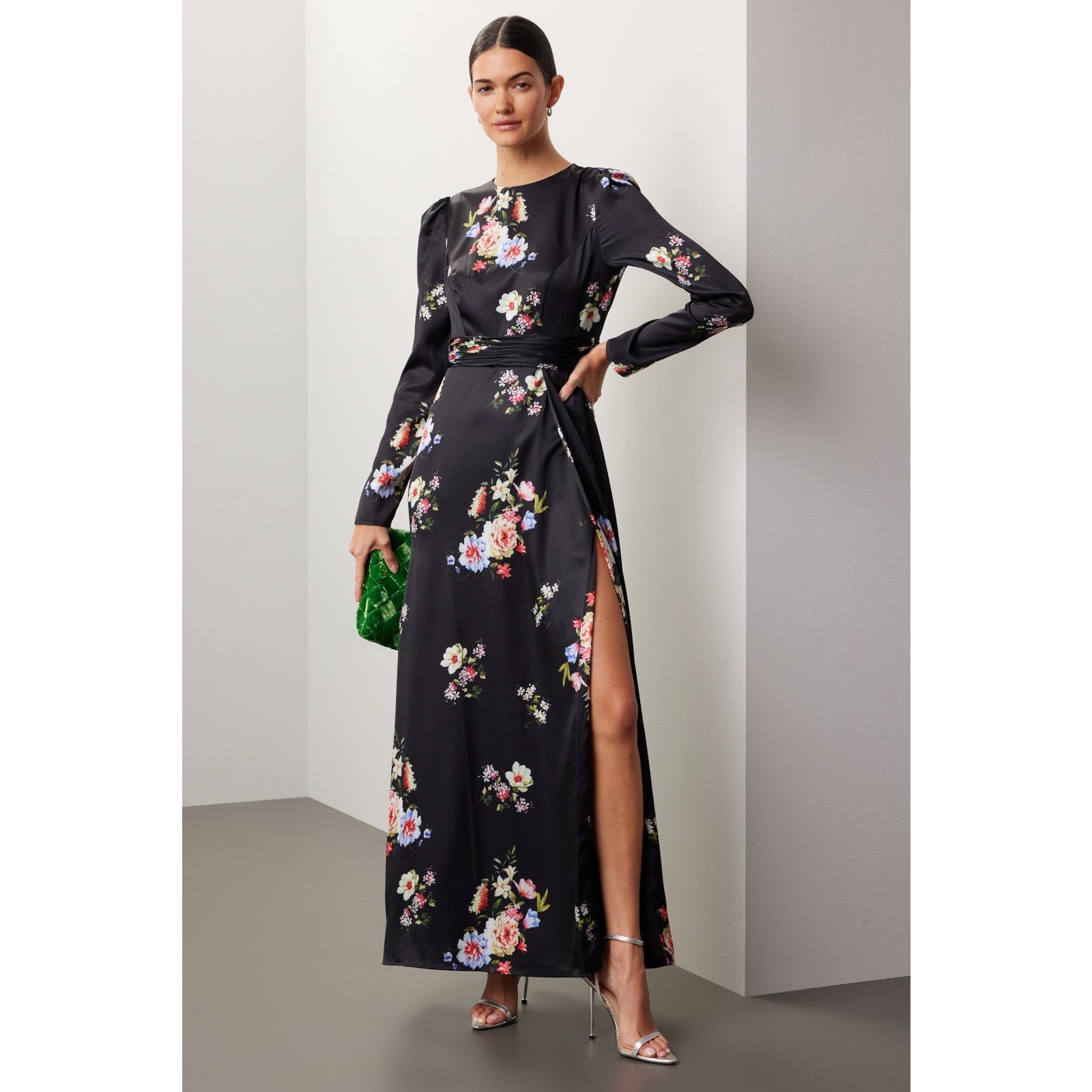 Ieena for Mac Duggal 55622 Black floral long sleeve maxi side split dress sz 8