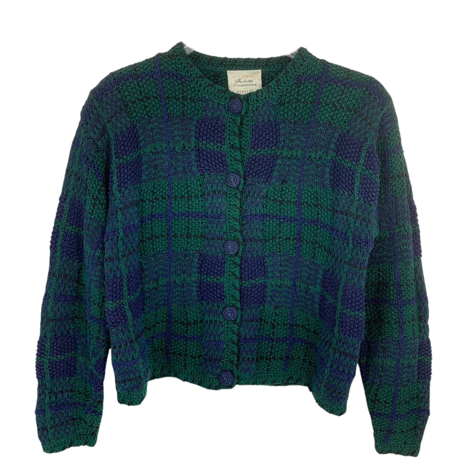 Vintage Express Handknitted Blackwatch Plaid Sz M Cardigan Sweater Chunky Knit