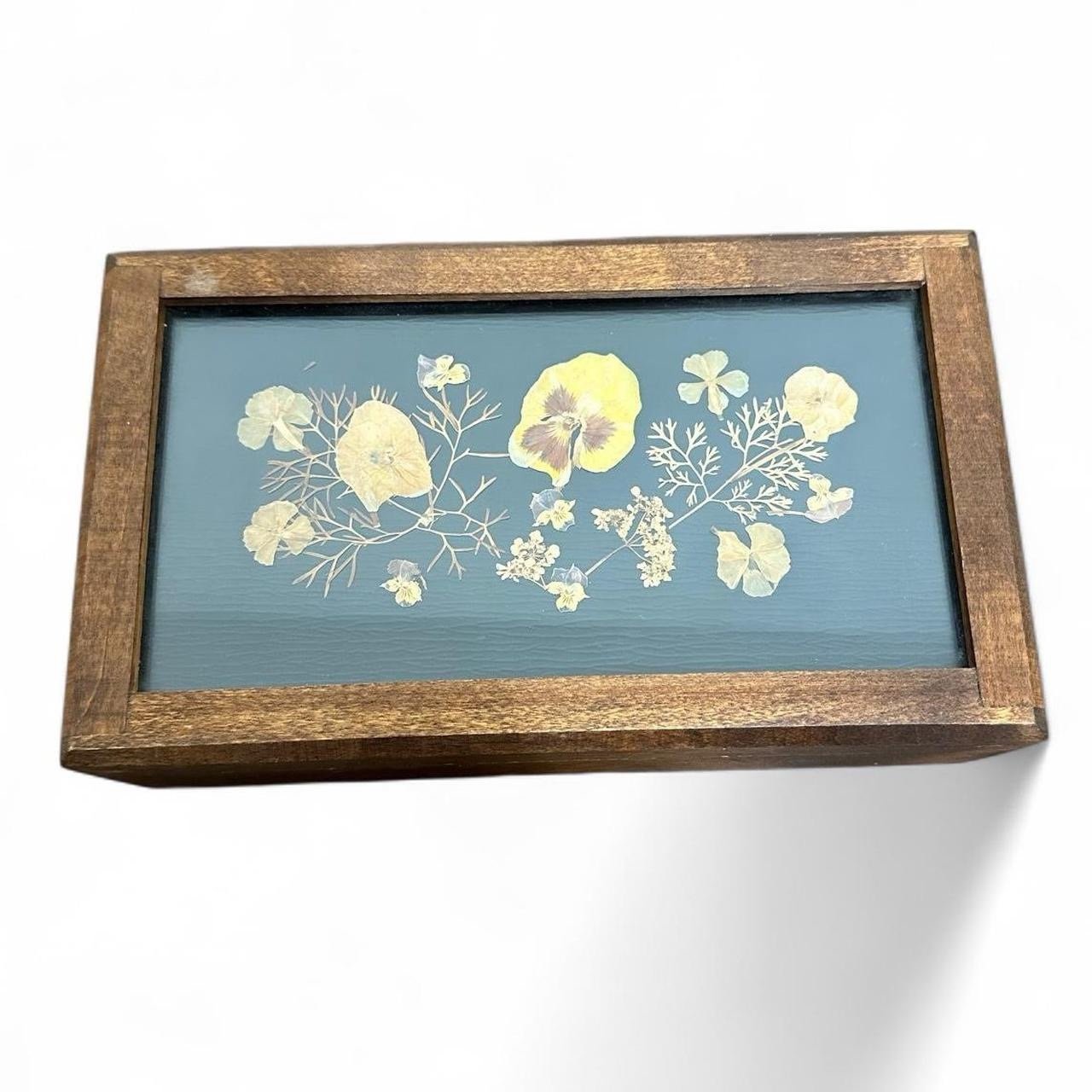 Vintage Wooden Jewelry Box with Pressed Flowers & Mirror