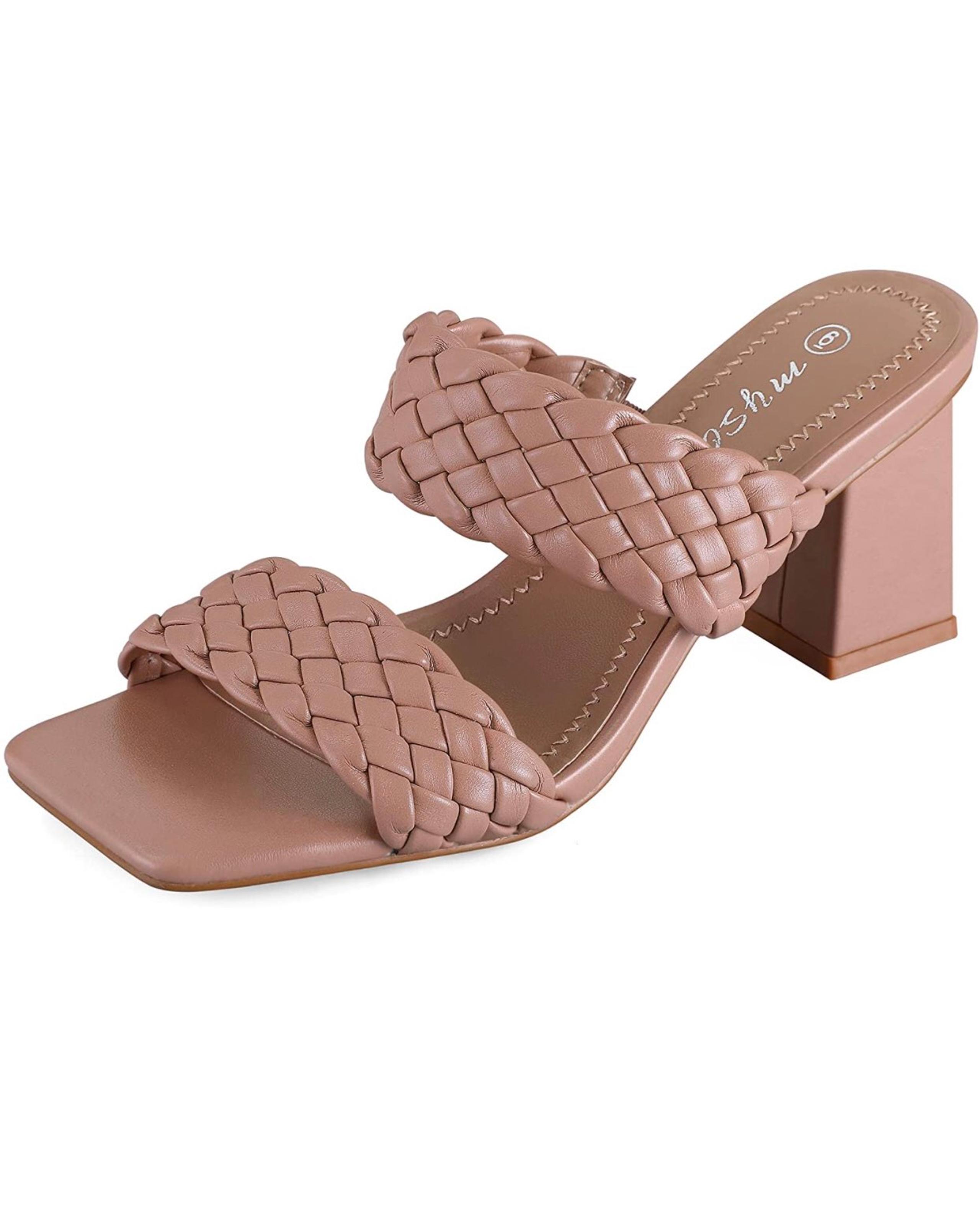mysoft Women's Braided Heeled Sandals Strappy Square Open Toe Slip On Mules Chun