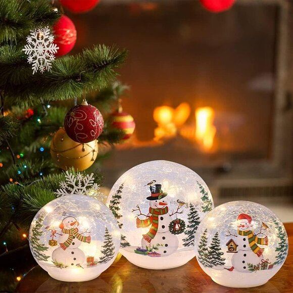 NEW Set of 3 Christmas Decorations Indoor, Sparkling Christmas Snowman Globes