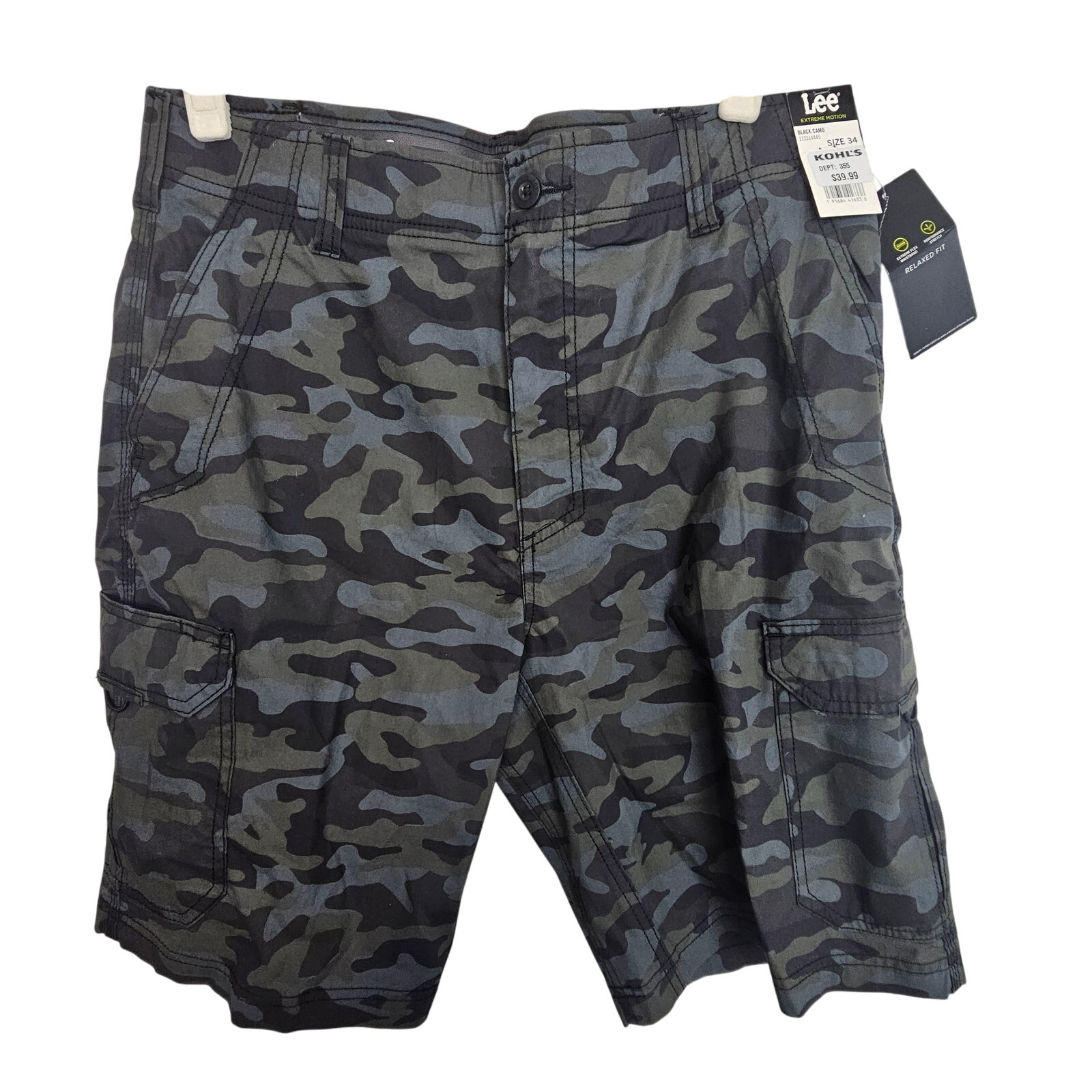 NEW Lee Extreme Motion Black Camo Cargo Shorts Men 34 Casual Bottoms Relaxed Fit