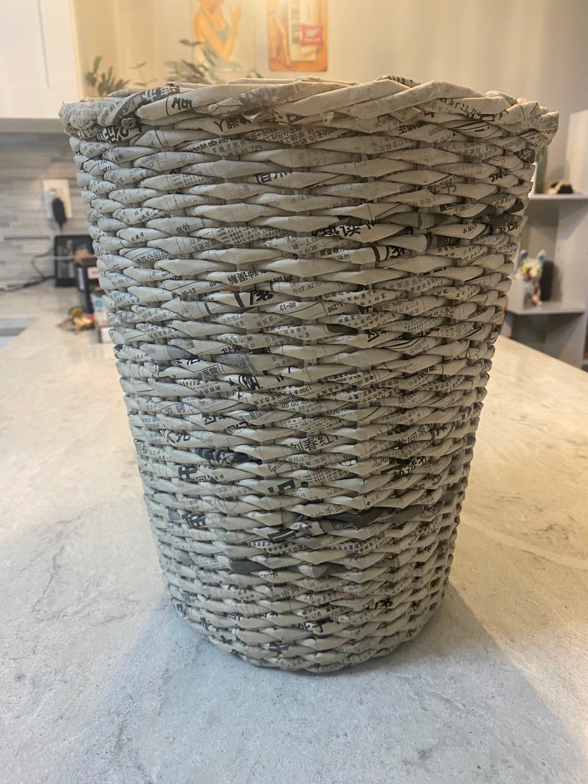 Handwoven Asian newspaper trash bin