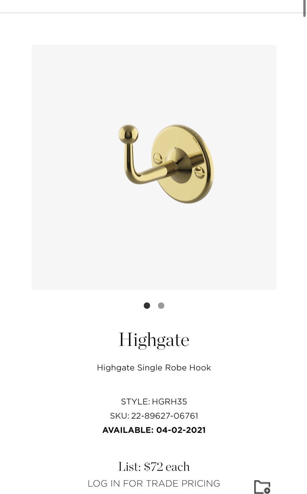 Waterworks Highgate Single Robe Hook Unlacquered Brass Style: MDRH35UB
