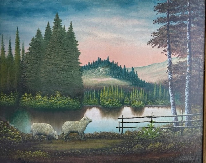 Large 20thC European Oil Painting on Wood Pastoral Landscape Sheep Grazing 33x28