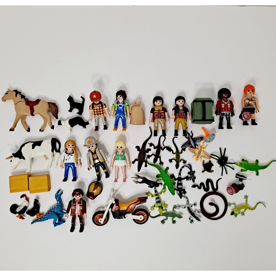 PLAYMOBIL Large Lot Of Dino Researchers, Farmers, Animals, Horse, Motocross