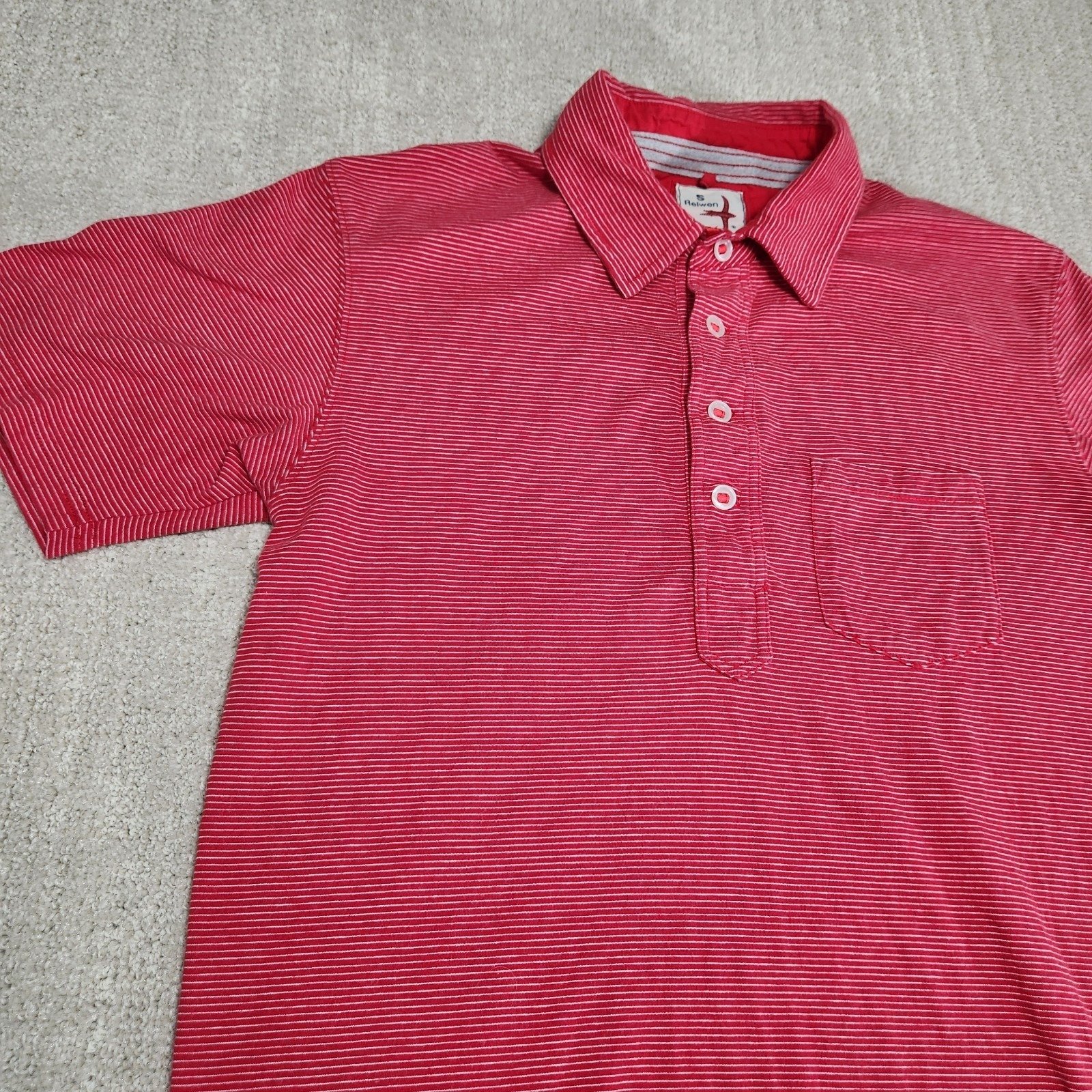 Relwen Pique Slot Polo Shirt Men Small Striped Cotton Huckberry Minimal Red