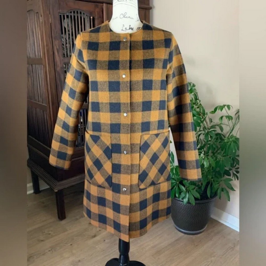 Tahari Brown Black Buffalo Plaid Check Snap Front Wool-Blend Coat (NWT)